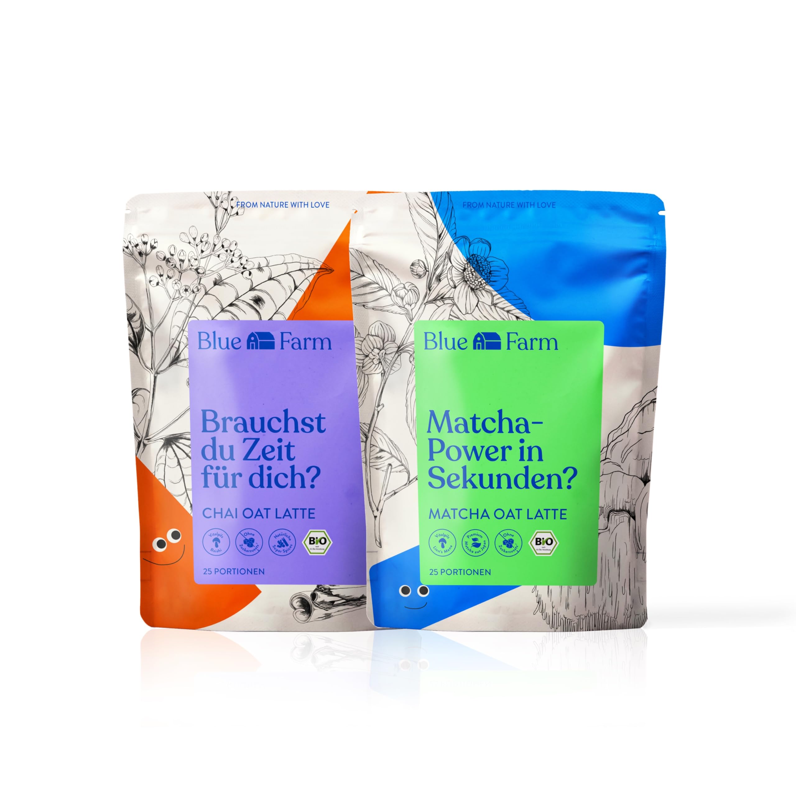 Blue Farm Bio Matcha und Chai Oat Latte auf Haferbasis ohne Zuckerzusatz – 100% Vegan – Laktosefrei & glutenfrei – weniger Verpackungsmüll