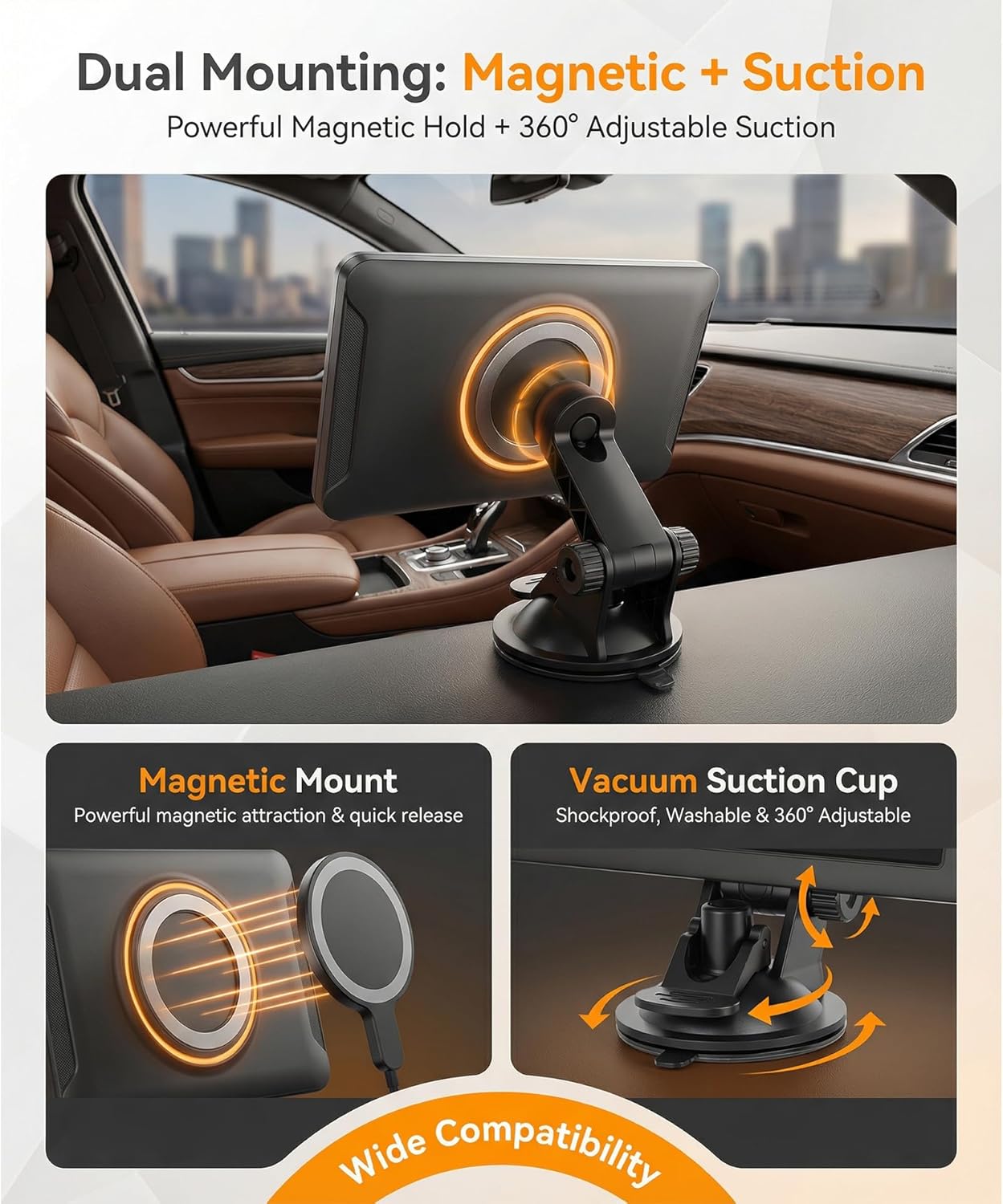 7-Inch HD IPS Portable Carplay Screen for Car, Wireless CarPlay & Android Auto, Bluetooth Music & Call, Wireless Screen Mirroring, CVBS Rearview Camera Compatible with Adjustable Brightness