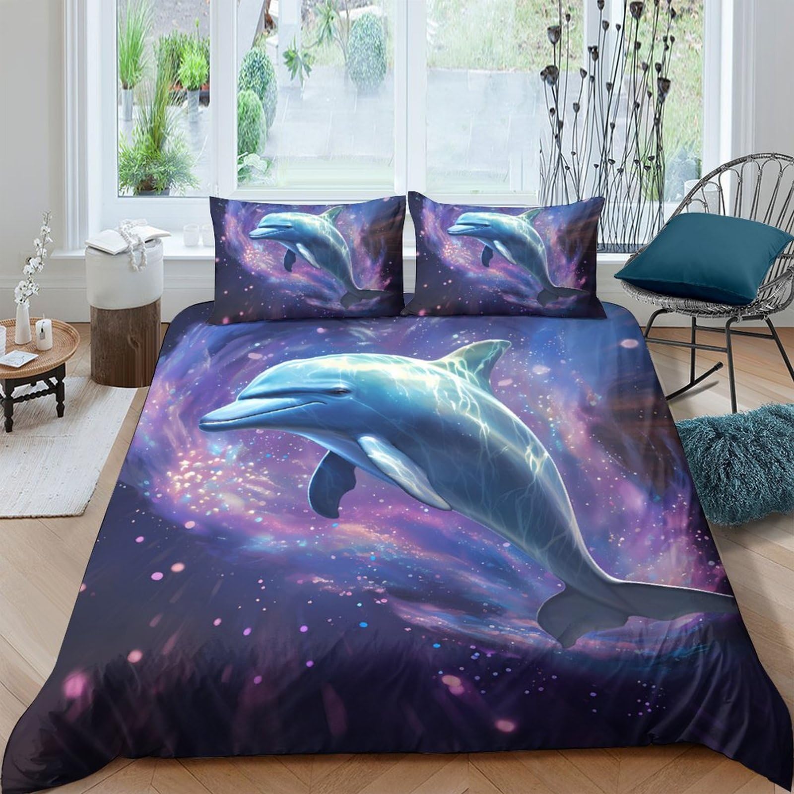 Ctjqhvkz Style-4 3D Printed Dolphin Ocean Fitted Sheet Microfiber Non Slip Bed Cover Galaxy Nebula Bedroom Decor Mattress Protector Single（135X200cm）