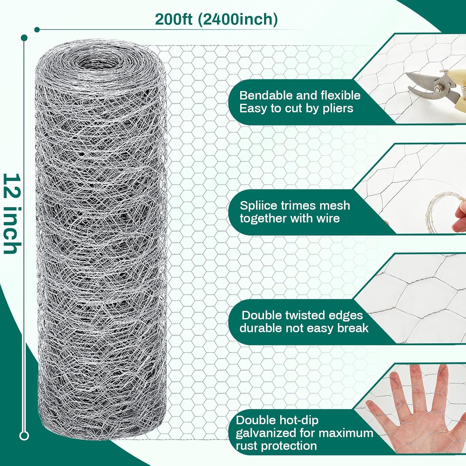 12 in X 200 ft Chicken Wire Fencing Metal Floral Chicken Wire Mesh for Crafts Poultry Garden, 1 Inch Hexagonal Galvanized Hardware Cloth Netting for Poultry Coop Barrier Rabbit Cage (Silver)