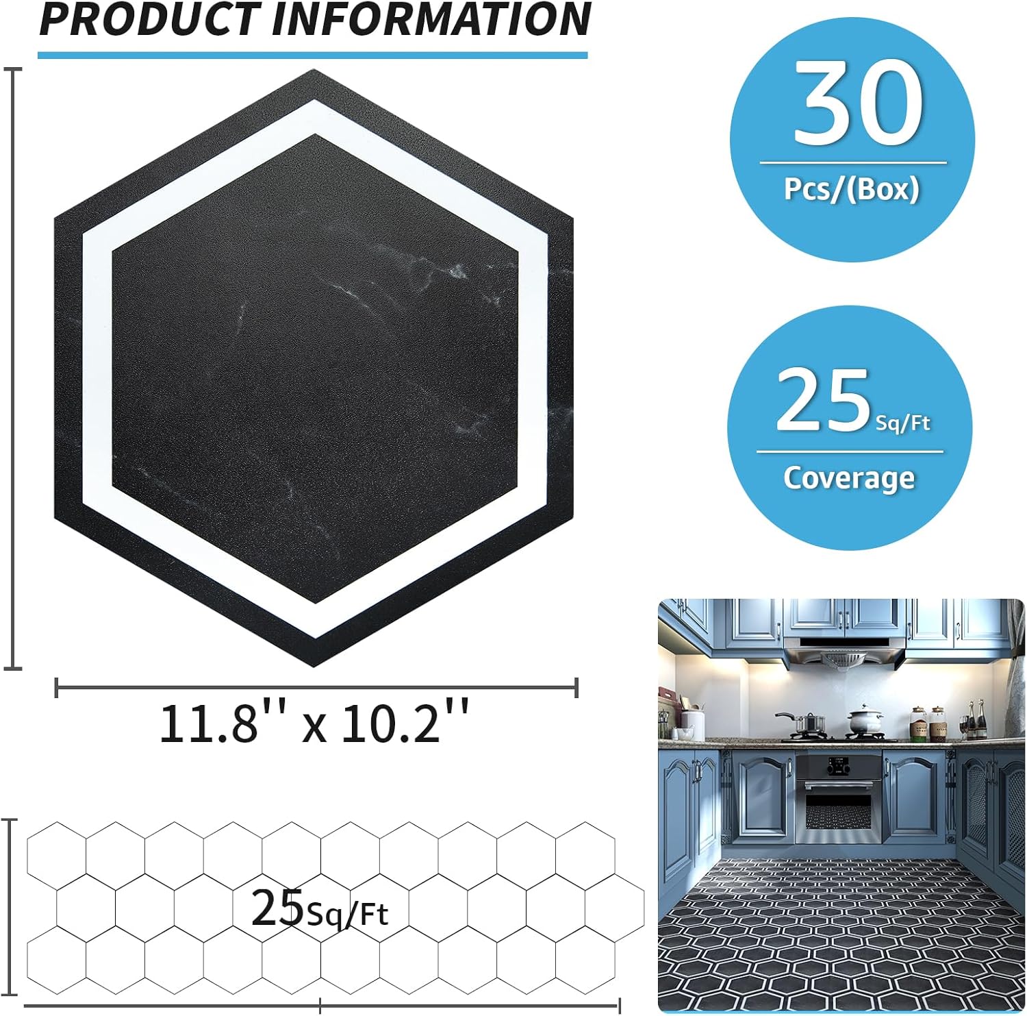 Black Marble Hexagon Peel and Stick Waterproof Vinyl Floor Tiles