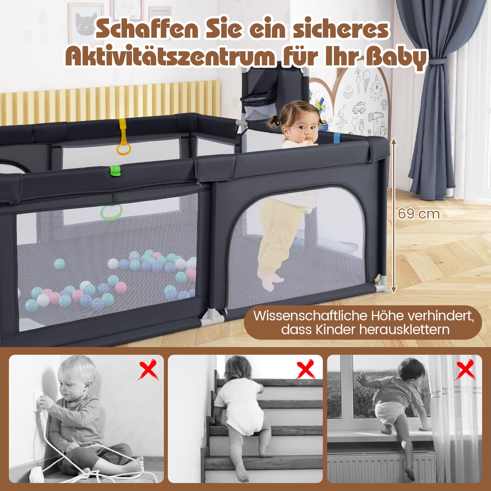 COSTWAY 188 x 157cm Laufstall Baby Faltbar, Laufgitter mit Basketballkorb, Fußballnetzen, 50 Ozeanbällen & Griffen, Krabbelgitter mit atmungsaktivem Netz, Tragetasche (Dunkelgrau)