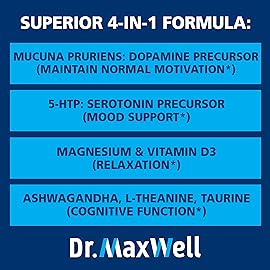 Dr. Maxwell Serotonin and Dopamine Supplements, Better Than Dopamine or Serotonin Support Only. Helps Maintain Normal Neurotransmitter Levels. Mucuna Pruriens, 5-HTP, 60 Capsules Women Men