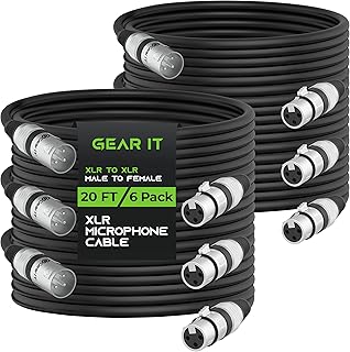 GearIT XLR to XLR Microphone Cable (20 Feet, 6-Pack) XLR Male to Female Mic Cable 3-Pin Balanced Shielded XLR Cable for Mic Mixer, Recording Studio, Podcast - Black, 20ft, 6 Pack