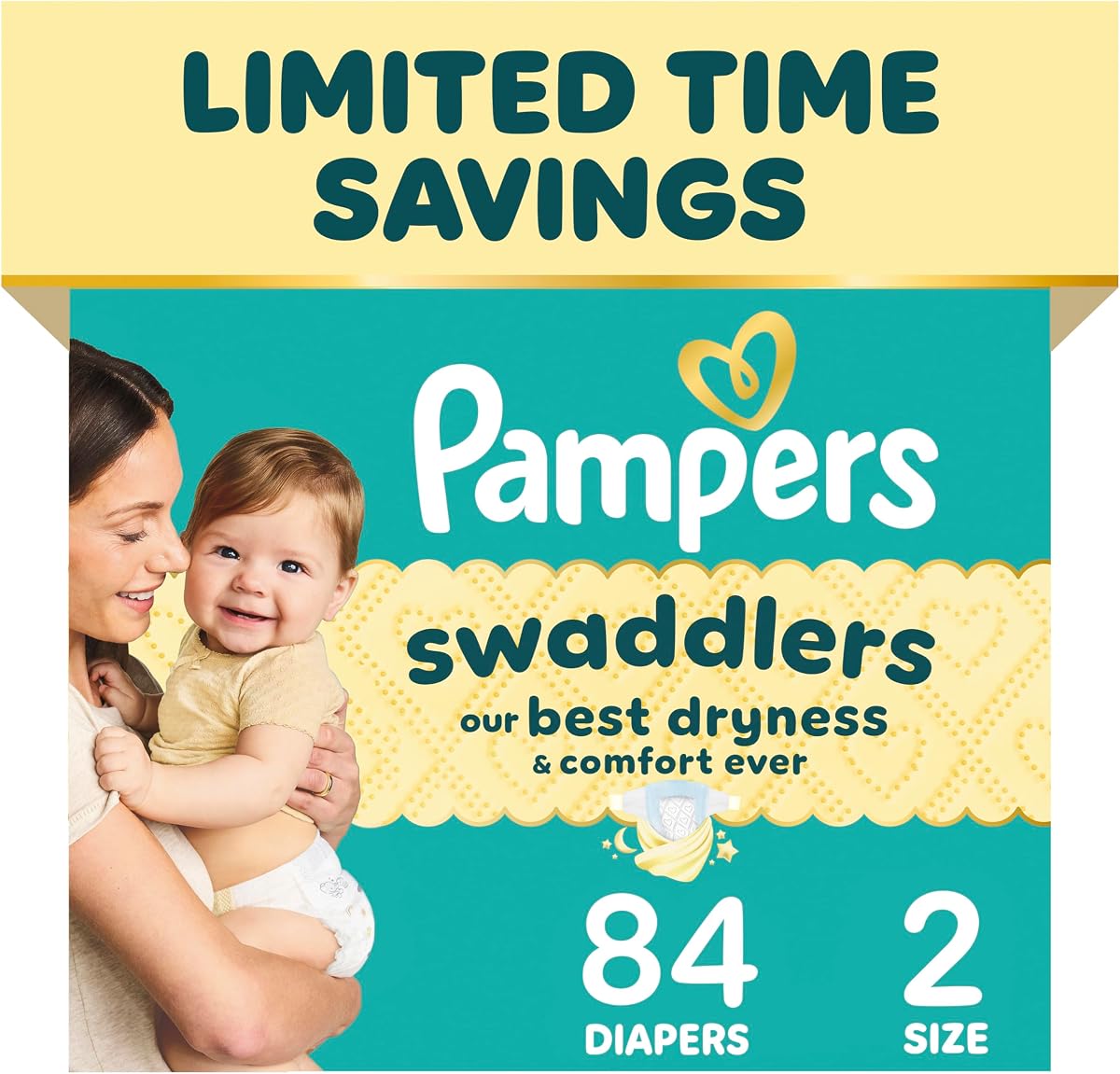 Pañales Pampers Swaddlers, tamaño S2 (10-22 lbs), 84 unidades, absorbentes, mantiene al bebé seco y cómodo, pañal desechable seguro para la piel recomendado por el pediatra