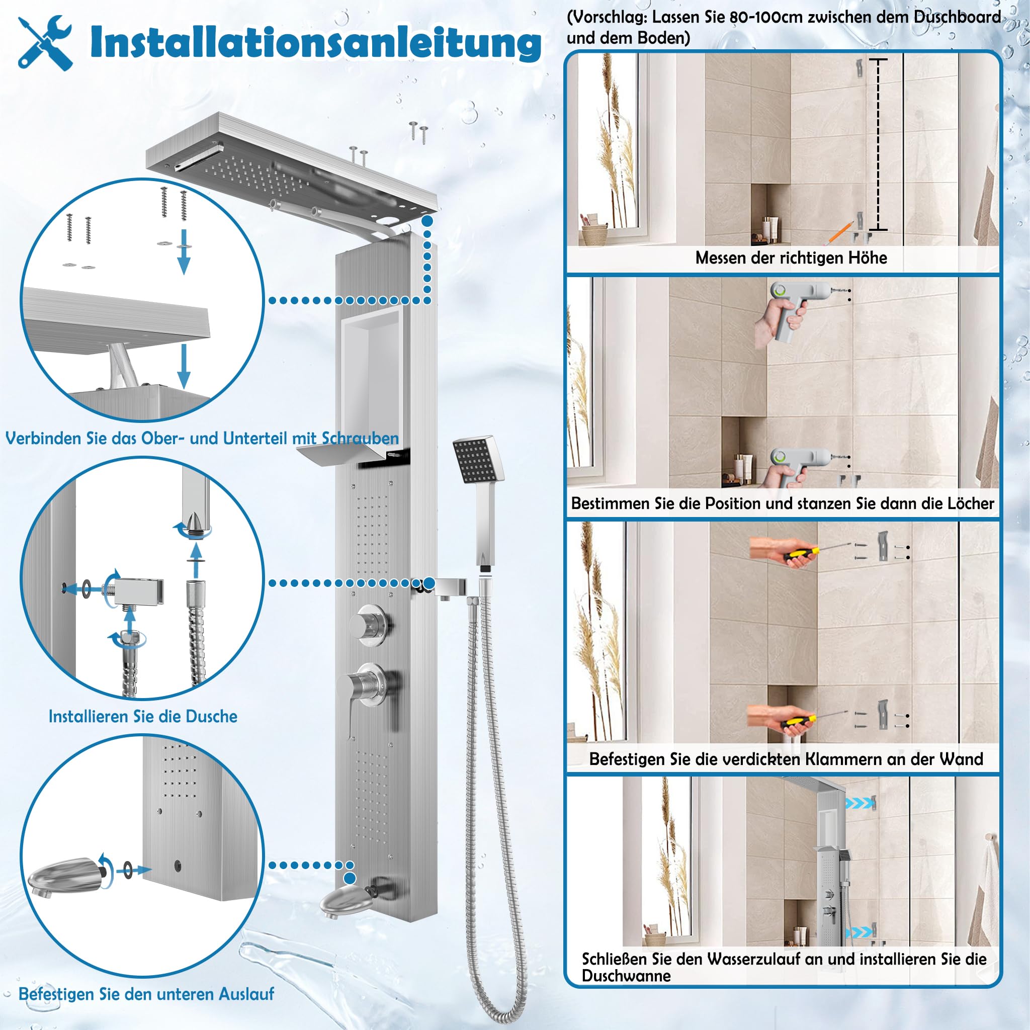 Froadp Panel prysznicowy, deszczownica, stal nierdzewna, system prysznicowy, 5 funkcji, montaż ścienny, zestaw prysznicowy ze słuchawką prysznicową, deszczownicą, prysznicem do masażu, wodospadem