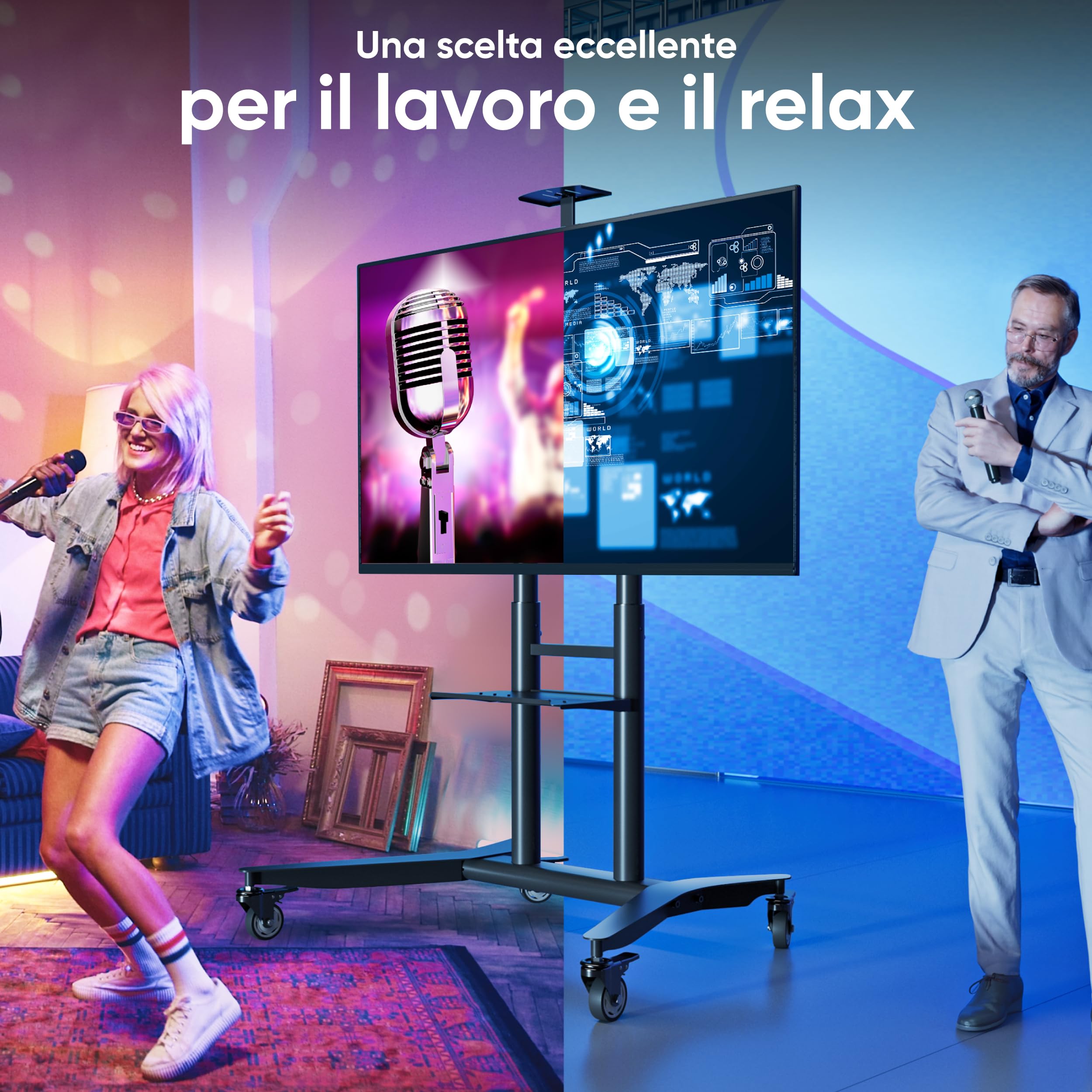 ONKRON Supporto TV con Ruote 55"-90", 75 kg, max VESA 800x600, TS1871-B | Carrello per televisore nero, altezza 1085-1590 mm, ripiano AV, mensola per webcamera, struttura in acciaio; per fiere e sale