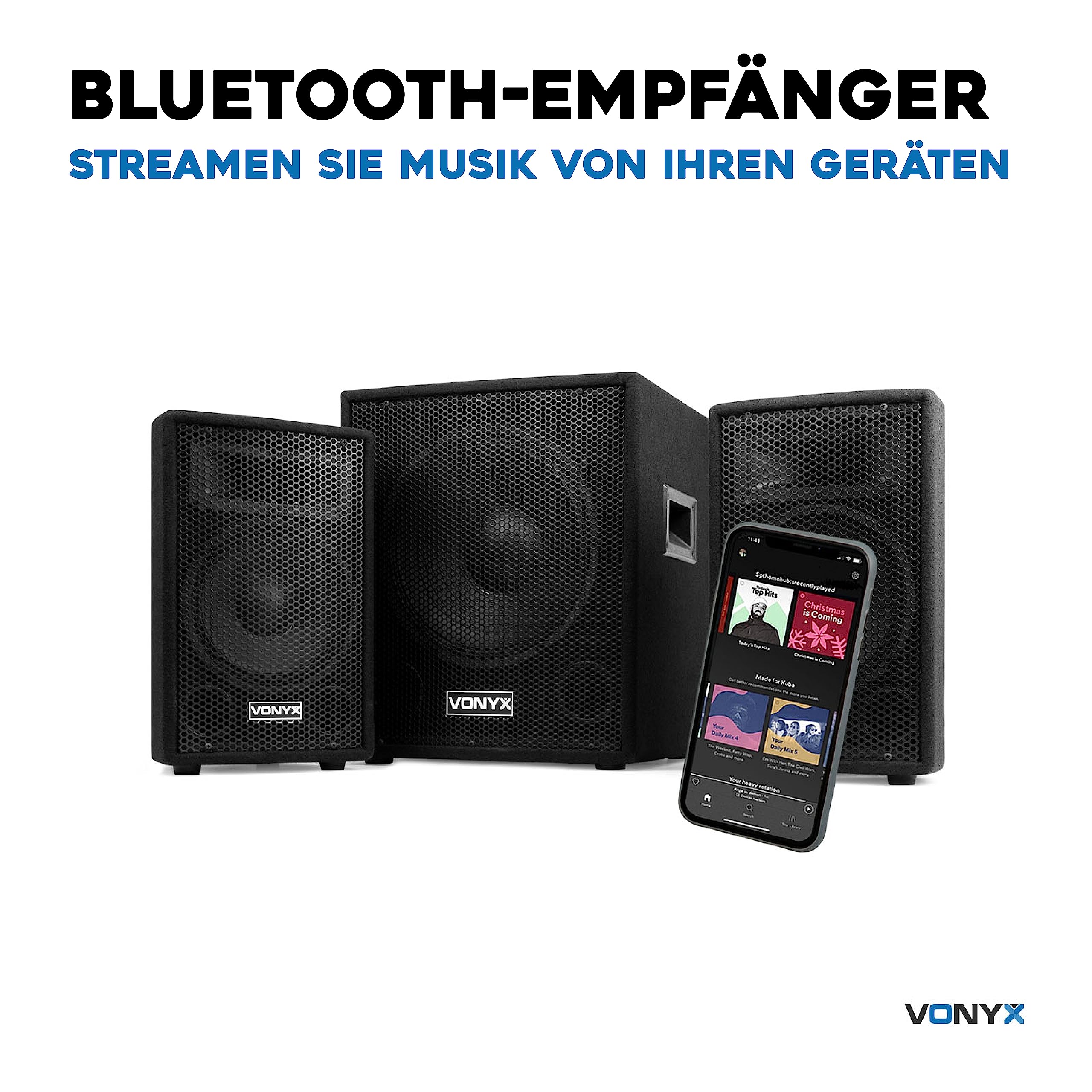 Vonyx VX1015BT Mobile PA Anlage Komplettset, Aktiv - Bluetooth, 1000 Watt DJ Boxen, PA Lautsprecher Beschallungsanlage, 2X Speaker, 1x Subwoofer, Kabel, Stativen, Tasche