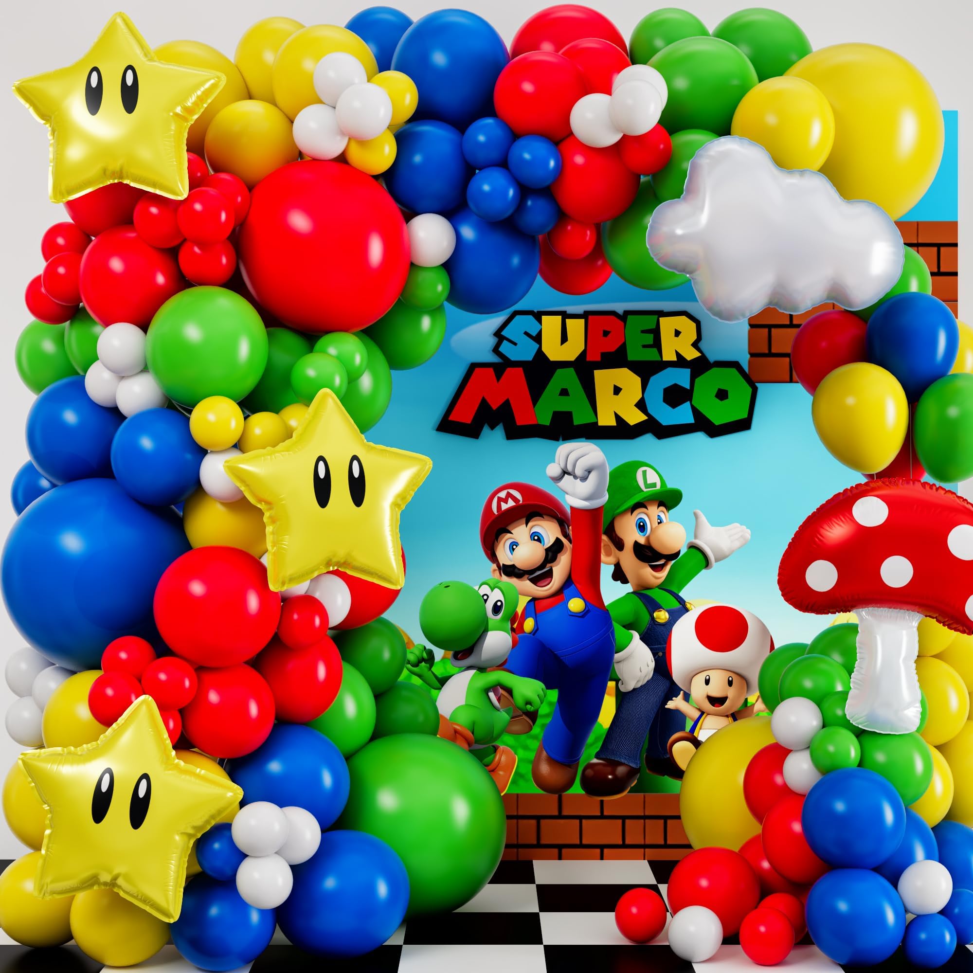 ALL-IN-1 Super Adventure Balloon Arch Kit with BONUS Mushroom, Cloud & Star Balloons for Bros Party Decorations - Red Blue Green Yellow Balloons for