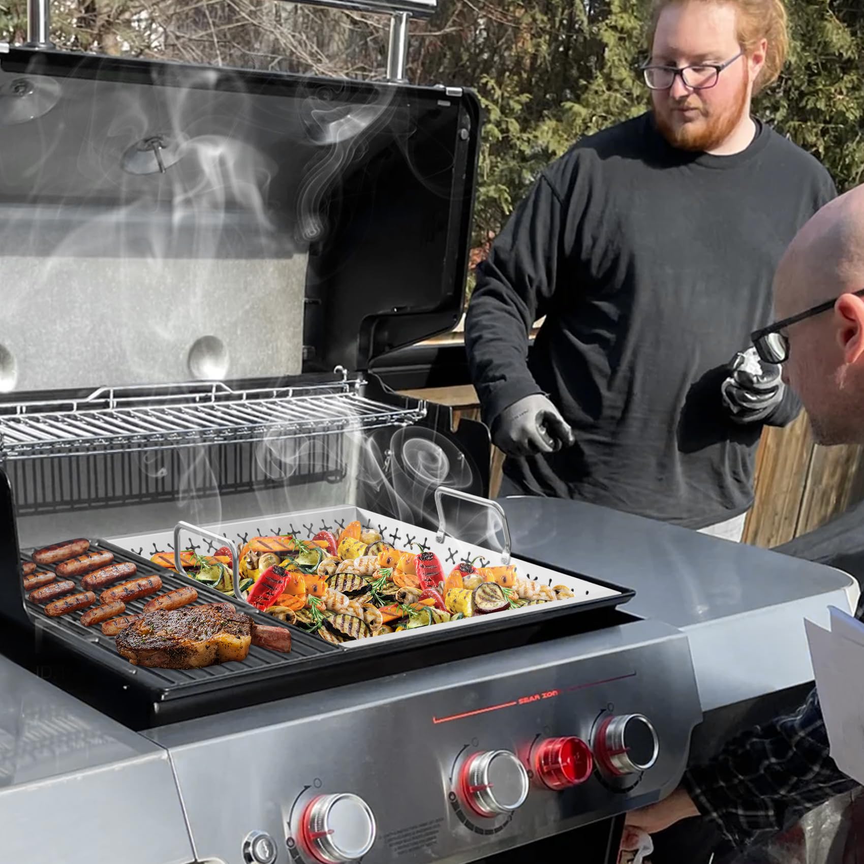 Onlyfire Cesta de Parrilla de Acero Inoxidable，Bandeja para Barbacoa con Mango Desmontable para las Parrillas de Gas Weber Genesis 2022, para Verduras, Pescado, Carne, Brochetas