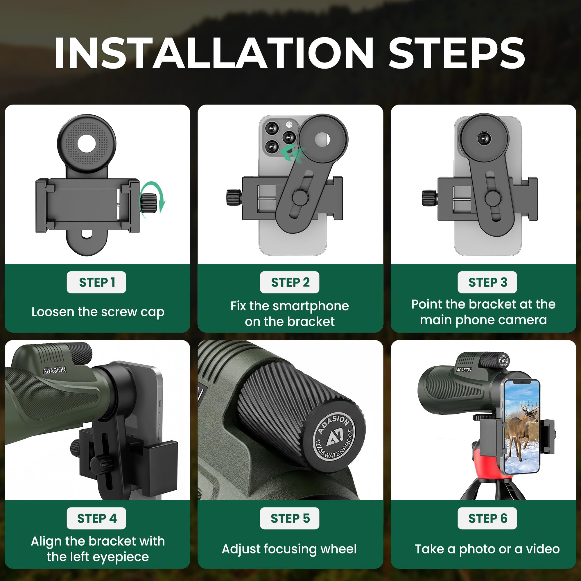 12x56 HD Telescopio Monocular de Alta Potencia para Adultos con Adaptador para Smartphone, Telescopio Monocular de Alta Potencia con Visión Clara con Poca Luz