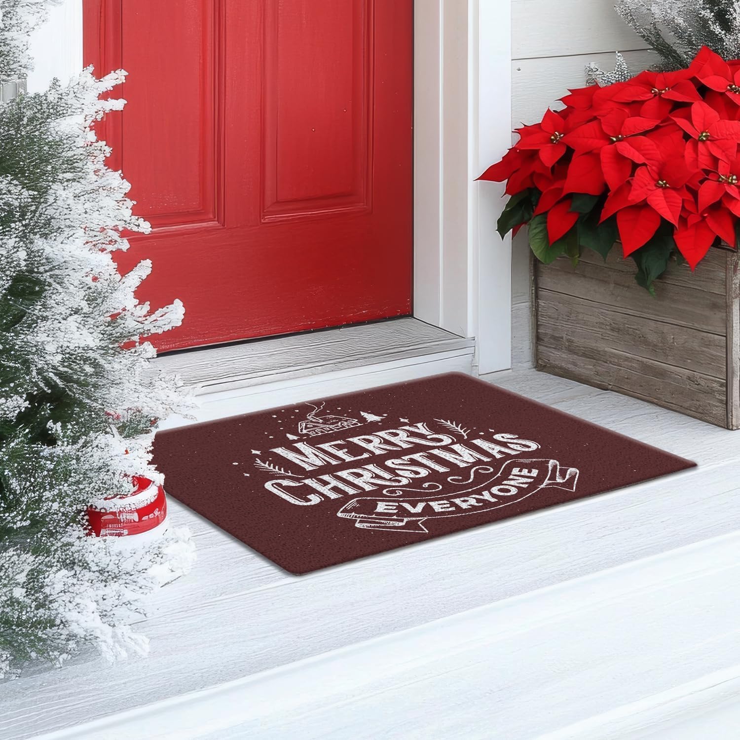 Deep Wine Red Christmas Door Mat, Merry Christmas Doormat Indoor Outdoor Entrance, Farmhouse Winter Xmas Holiday Vacation Welcome Mats for Front Door Porch Outside Entryway, 17x30 Inch