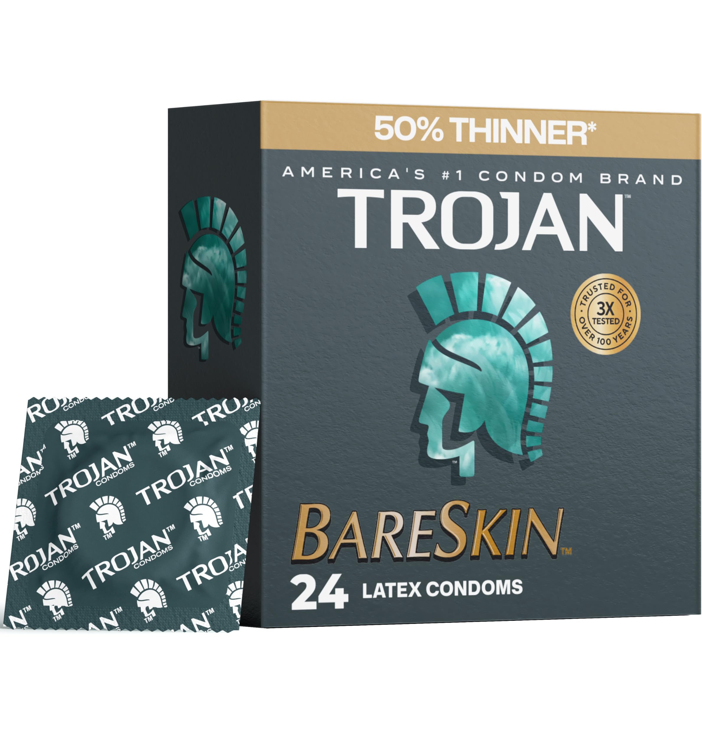 Trojan Bareskin Latex Lubricated Thin Condoms, 24 Count