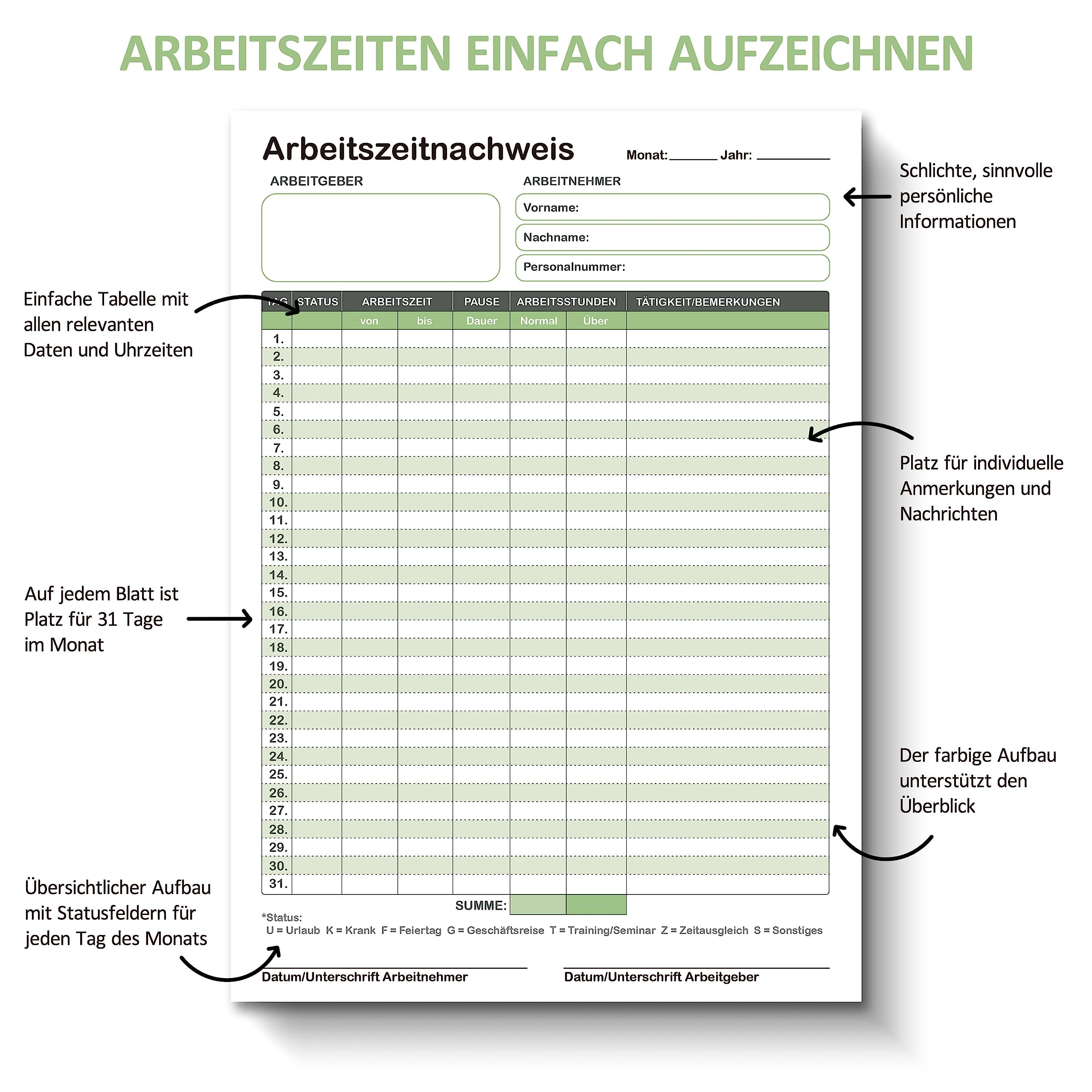 BIROYAL Hourly Book for Work A4, Monthly Timesheet Pad for 31 Days per Sheet - Image 2