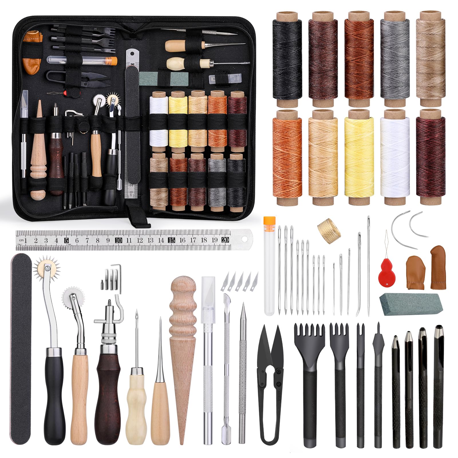 Set di utensili da cucito in pelle, 52 pezzi, 10 colori, filo cerato, strumento per denti a pressione