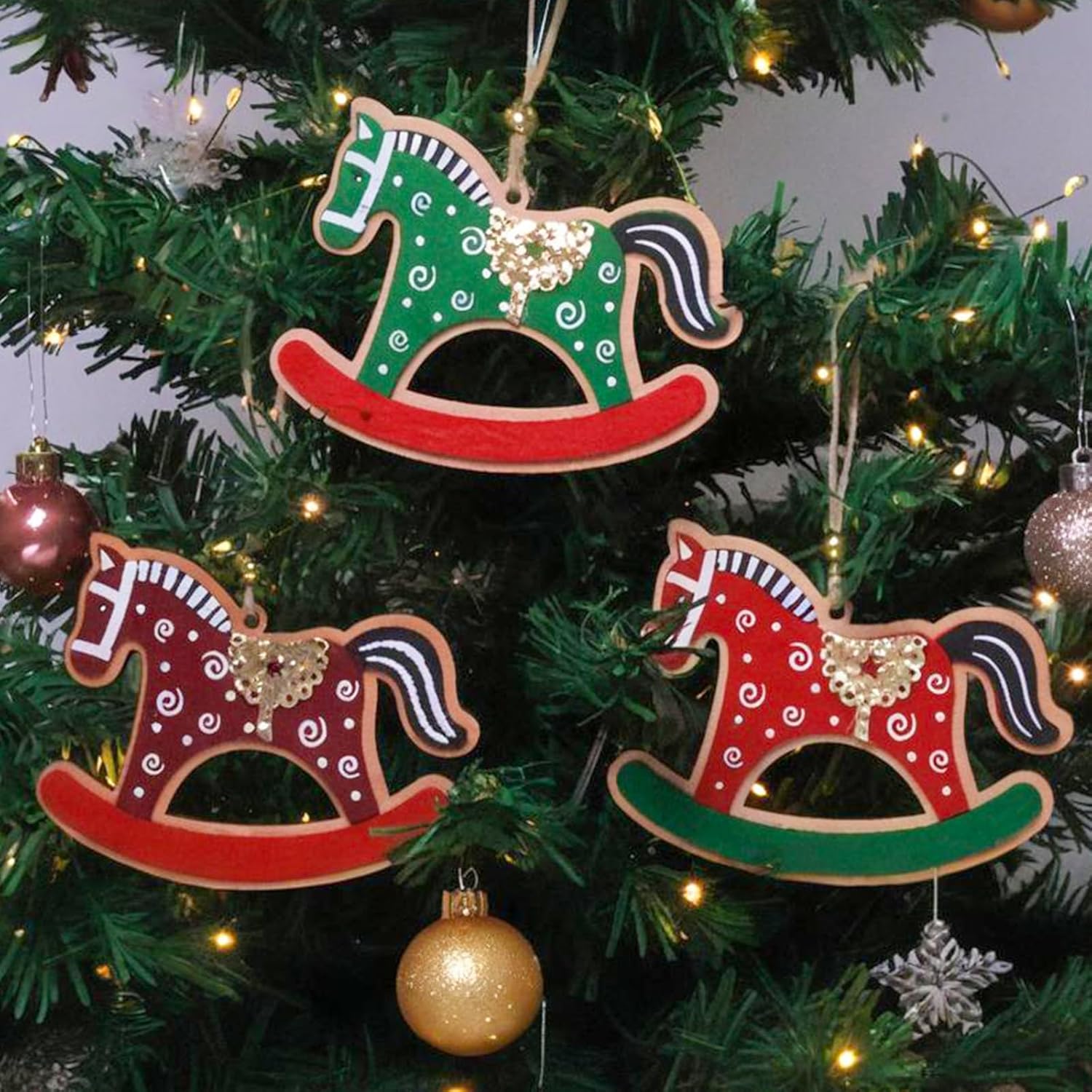 Condition photo showing New/Like New for Wooden Christmas Tree Ornaments Set of 3 Winter Farmhouse Xmas Wreath Decor Hanging Tree Crafts Holiday Christmas Decorations for Tree Home Office Classic-rocking Horse