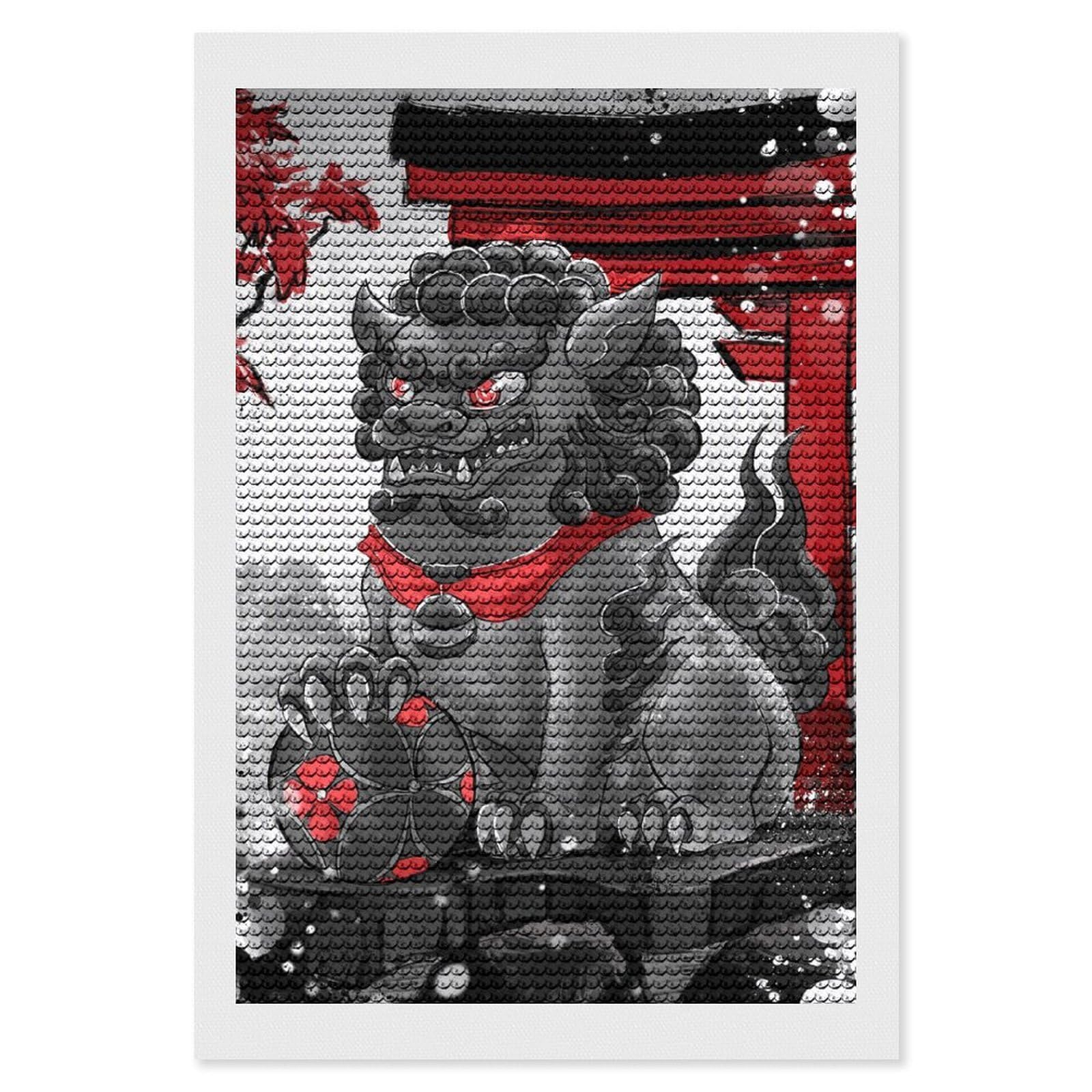 Junmoney Komainu Statue with Torii Gate Diamond Painting Canvas Kit 8"x12", Round Gems, Living Room Decor, Seasonal Gift Choice, Modern Decor