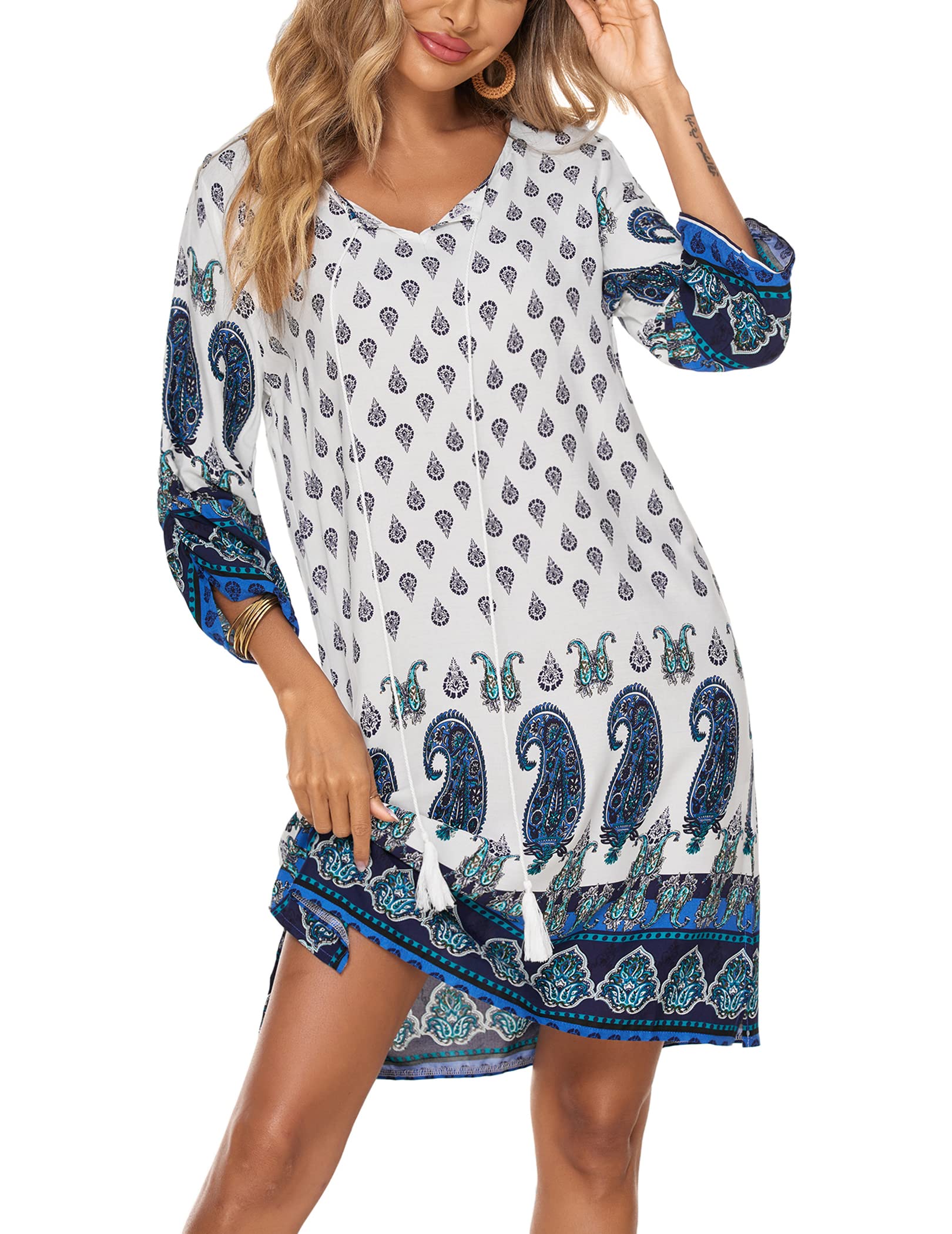 Beyove Damen Bohemian Tunika Kleid Strandkleid Sommerkleider Vintage Strandtunika 3/4-Arm Rundhals Kleid Blumenmuster Tunikakleider Kurzes Tops