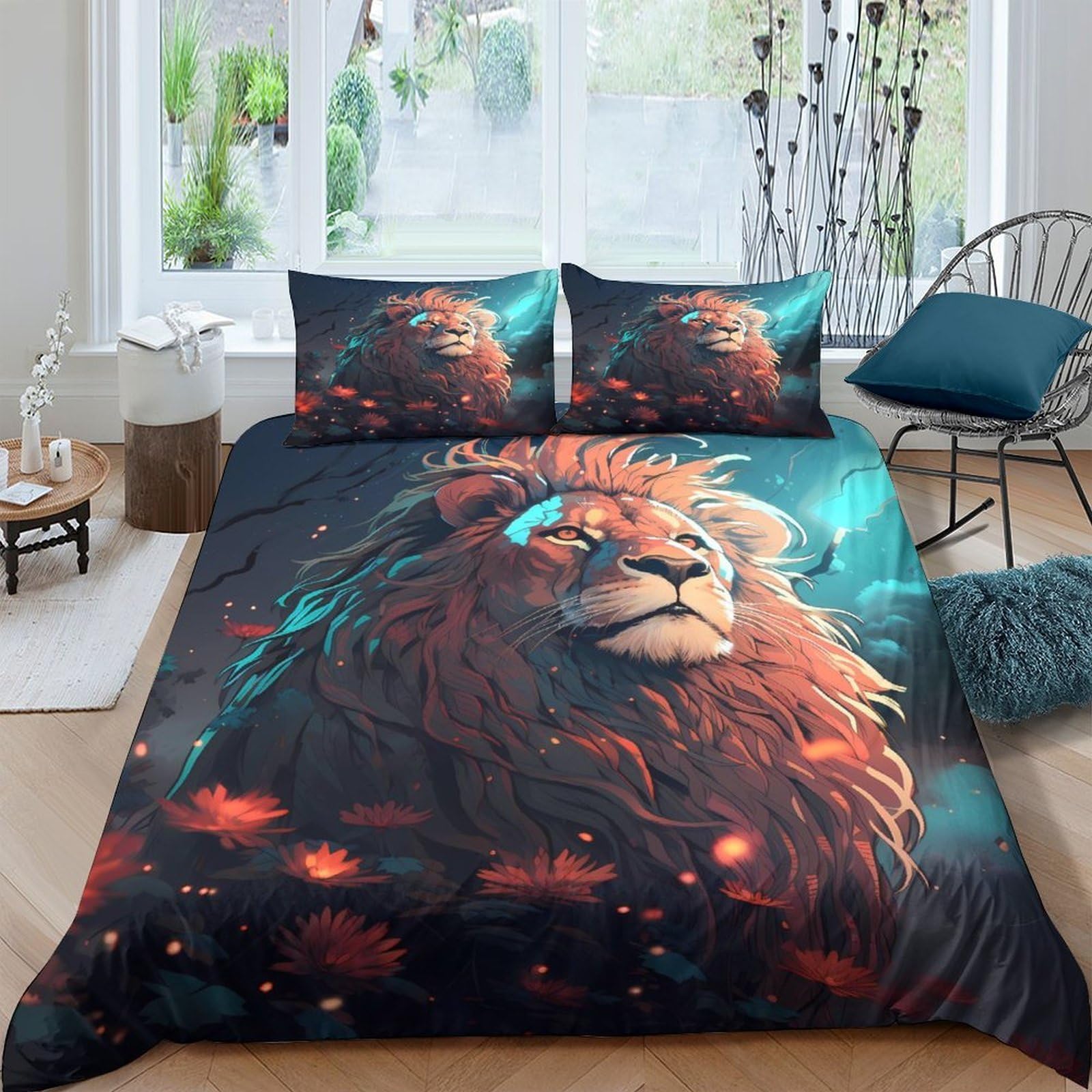 Ctjqhvkz Style-10 3D Printed Majestic Lion Fitted Sheet Microfiber Bedroom Decor Fiery Mane Bed Cover For Home Dorm Mattress Protection Single（135X200cm）
