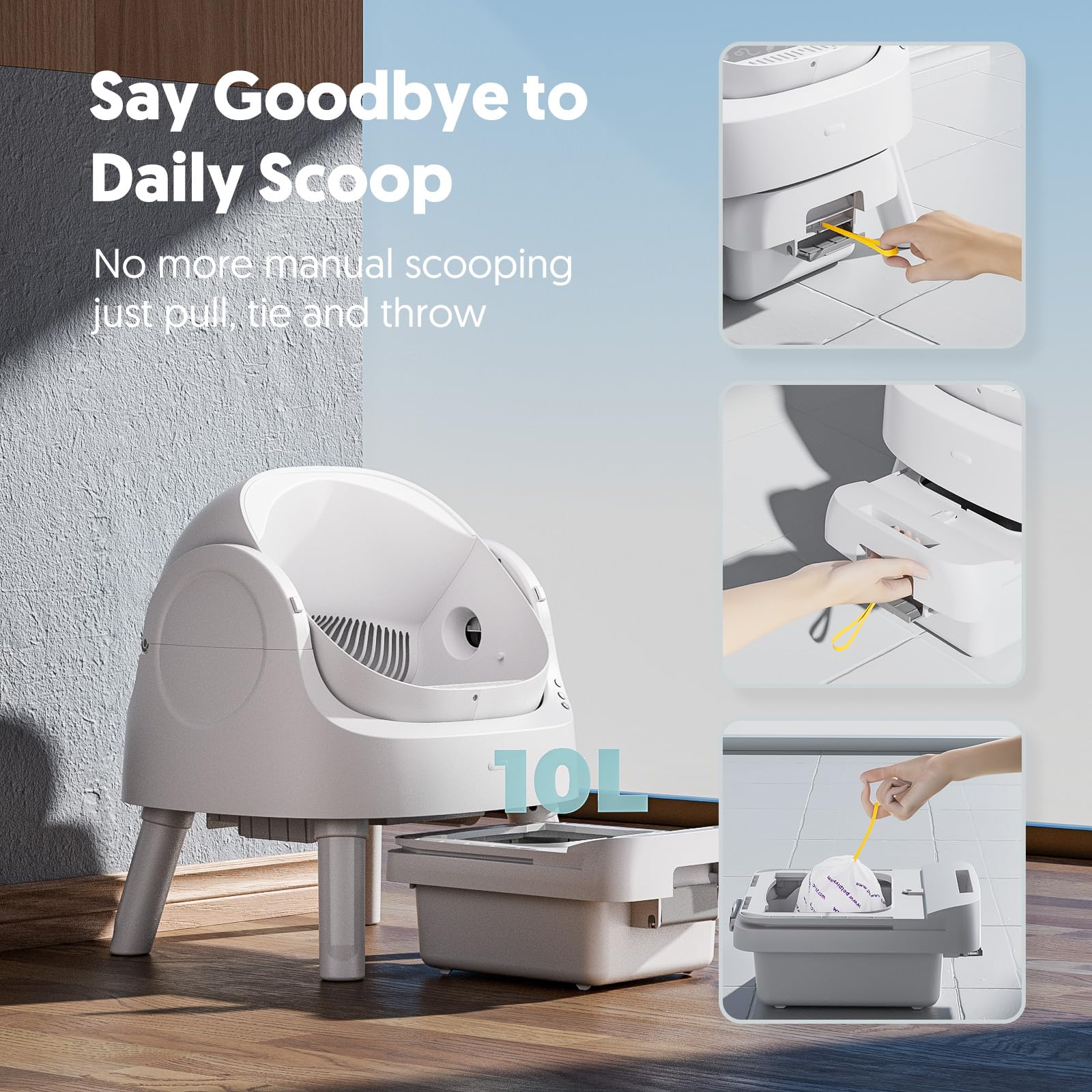 PetPivot Self Cleaning Litter Box, Open Top Automatic Litter Box for Multiple Cats, Multiple Layer Safety Protection, Liners and Mat Included, White