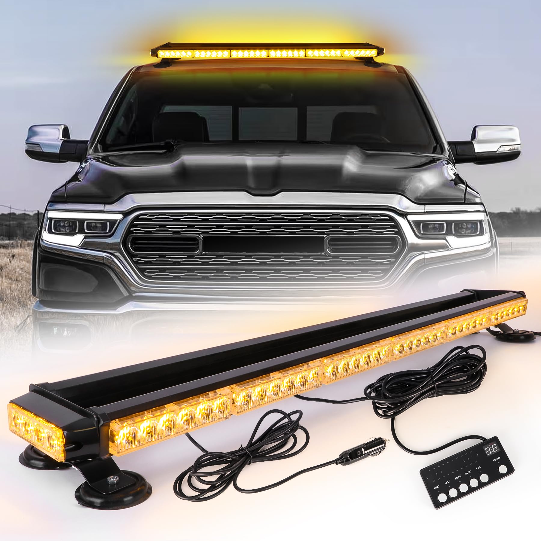 80LED Strobe Flashing Beacon Light - 37.5Inch Emergency Light Bar, 12V/24V Double Side High Intensity Warning Lights with Magnetic Base, for Safety Vehicles Tow Trucks Roof (Amber)