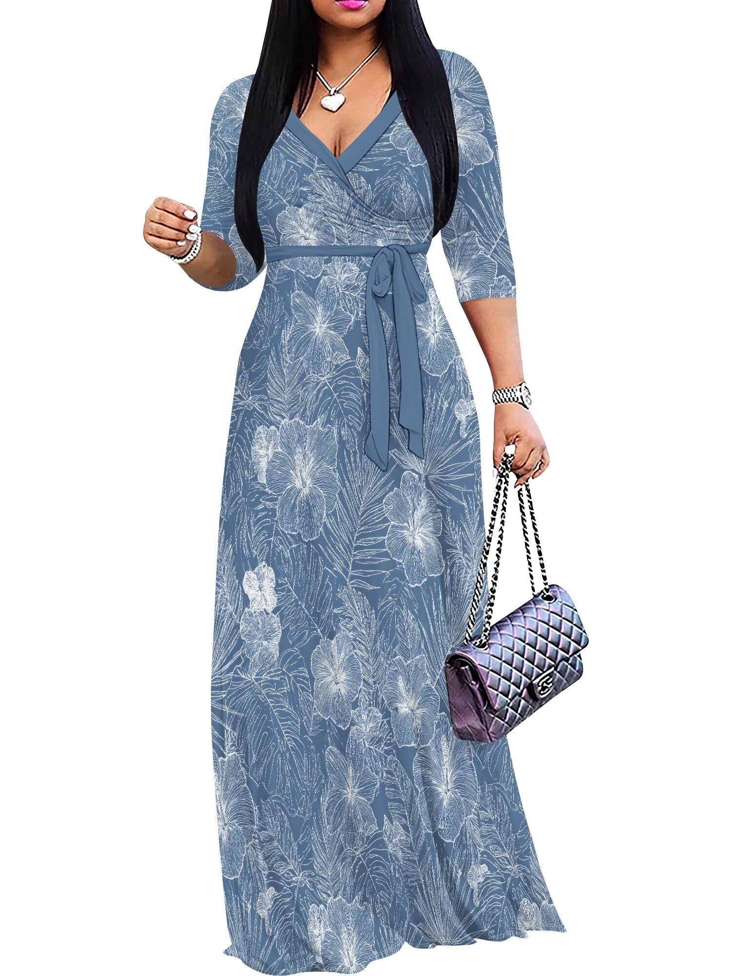 PinkPatty Women's Plus Size V Neck 3/4 Sleeve Boho Maxi Dress with Pockets