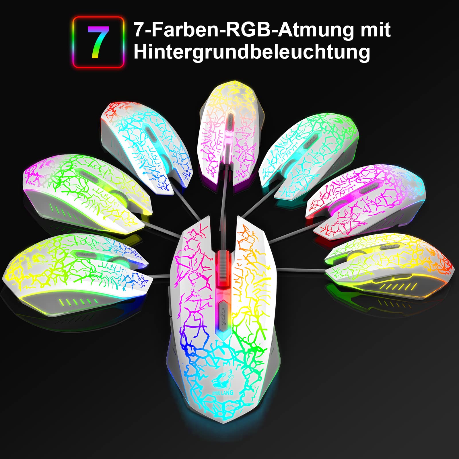 Teclado para juegos blanco con cable con ratón Diseño alemán QWERTZ Teclado con cable Retroiluminación LED RGB 2400 DPI Ratón de 6 botones Teclado y ratón compatible con PC PS5 PS4 Xbox