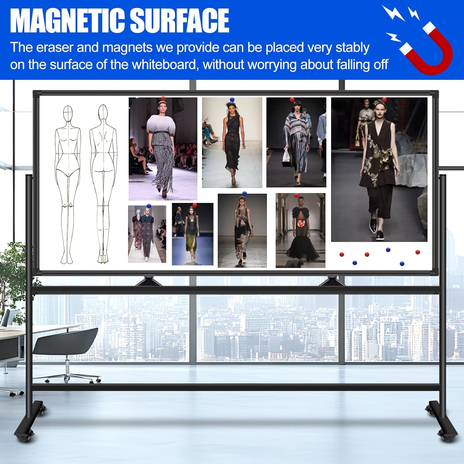 Double-Sided Rolling Whiteboard on Wheels 96x48 with Black Bracket, Large 8'x4' Dry Erase Board with Stand Mobile Whiteboard, Including 2 Erasers,14 Markers, 24 Magnets,1 Magnetic Calendar