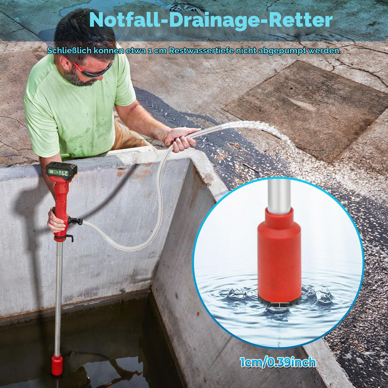 Akku-Regenfasspumpe, Kabellose Stangen Wasserpumpe mit 2 x 4,5 Ah Akku, 11000 U/min, 2725 L/H Fördermenge, tragbare Tauchpumpe mit Akkuanzeige und Ladegerät für Garten, Pool und Boote