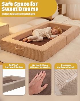 Toddler Travel Sofa Bed with Bear Pattern, 3-in-1 Convertible Toddler Sofa Bed, Portable Soft Foam Kids Couch Sofa/Chair, Toddler Floor Bed & Flip Open Sofa Lounger for Play, Reading, Medium