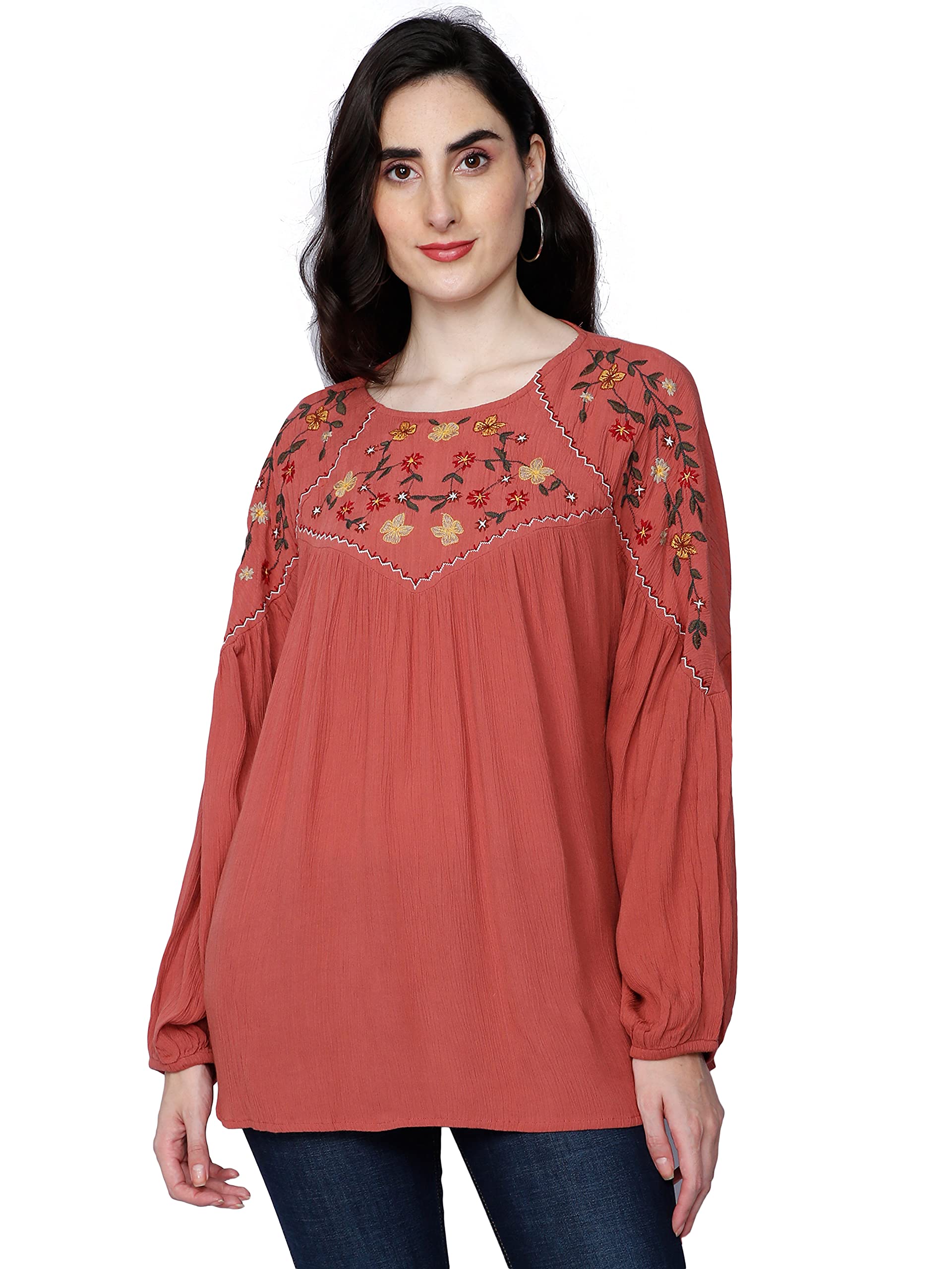 GLORYBOYZWomen's Yoke Embroidered Serene Bohemian Style Elastic Cuff Soft Viscose Blouse Top