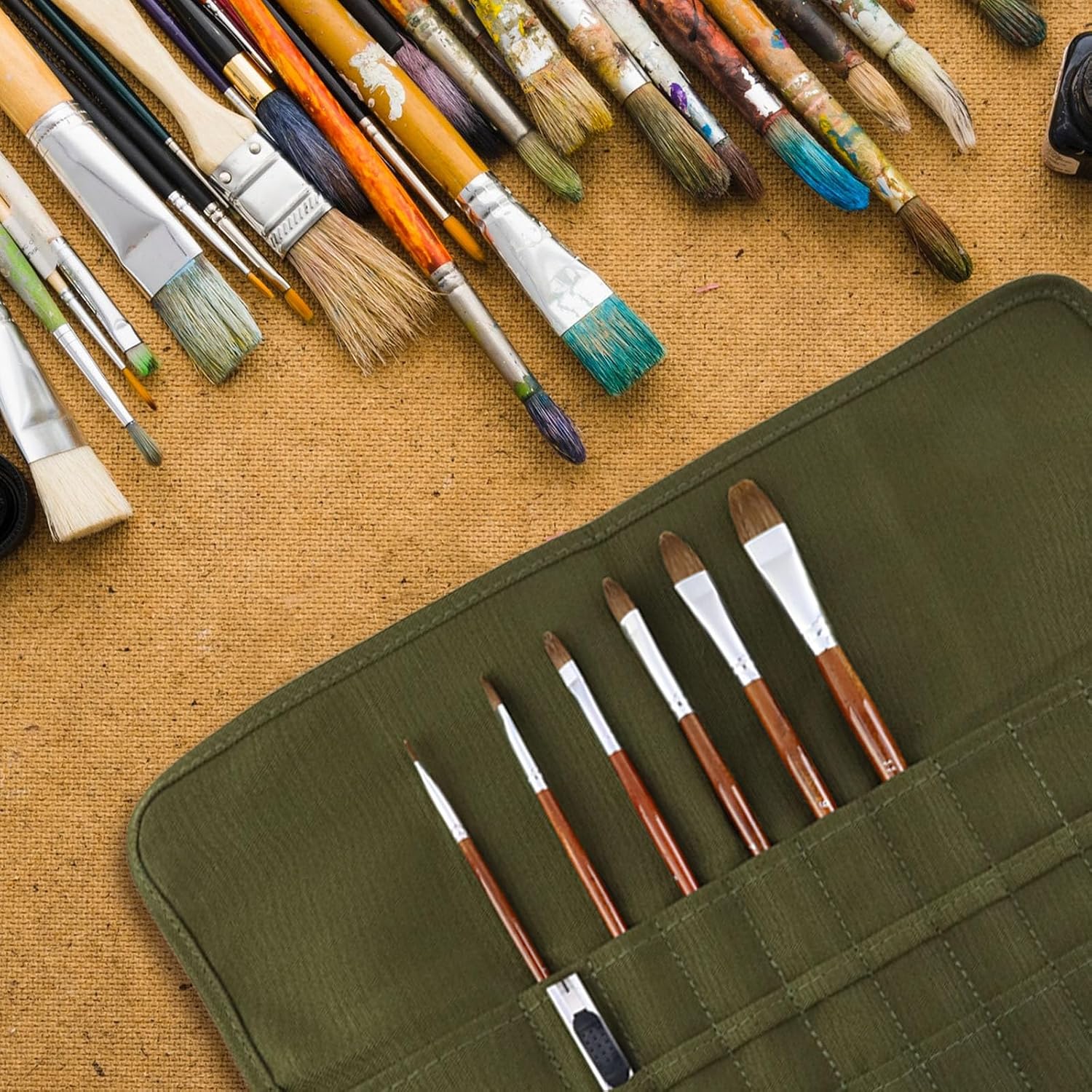 Green Canvas Paint Brush Holder Roll-up Case Bag, 30 Slots Pockets Carry Pouch Artist Brush Storage Organizer, 19.1" L x 12.99" W
