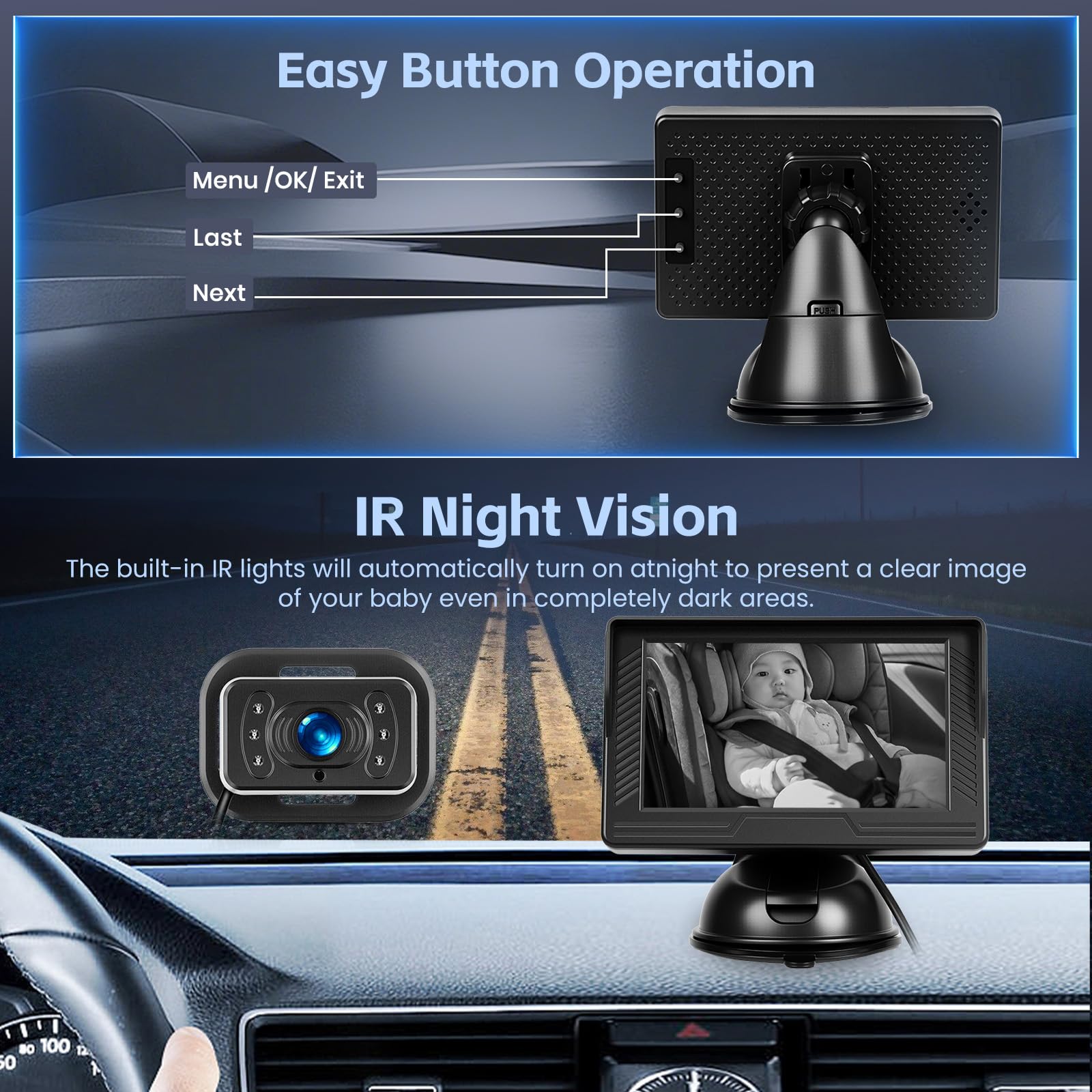 Hikity Baby Car Camera con Monitor 480P Monitor para Coche de 4,3" con Cámaras de Visión Nocturna de 360°Cámara Giratoria para Silla de Seguridad Infantil para la Vigilancia de Niños y Mascotas