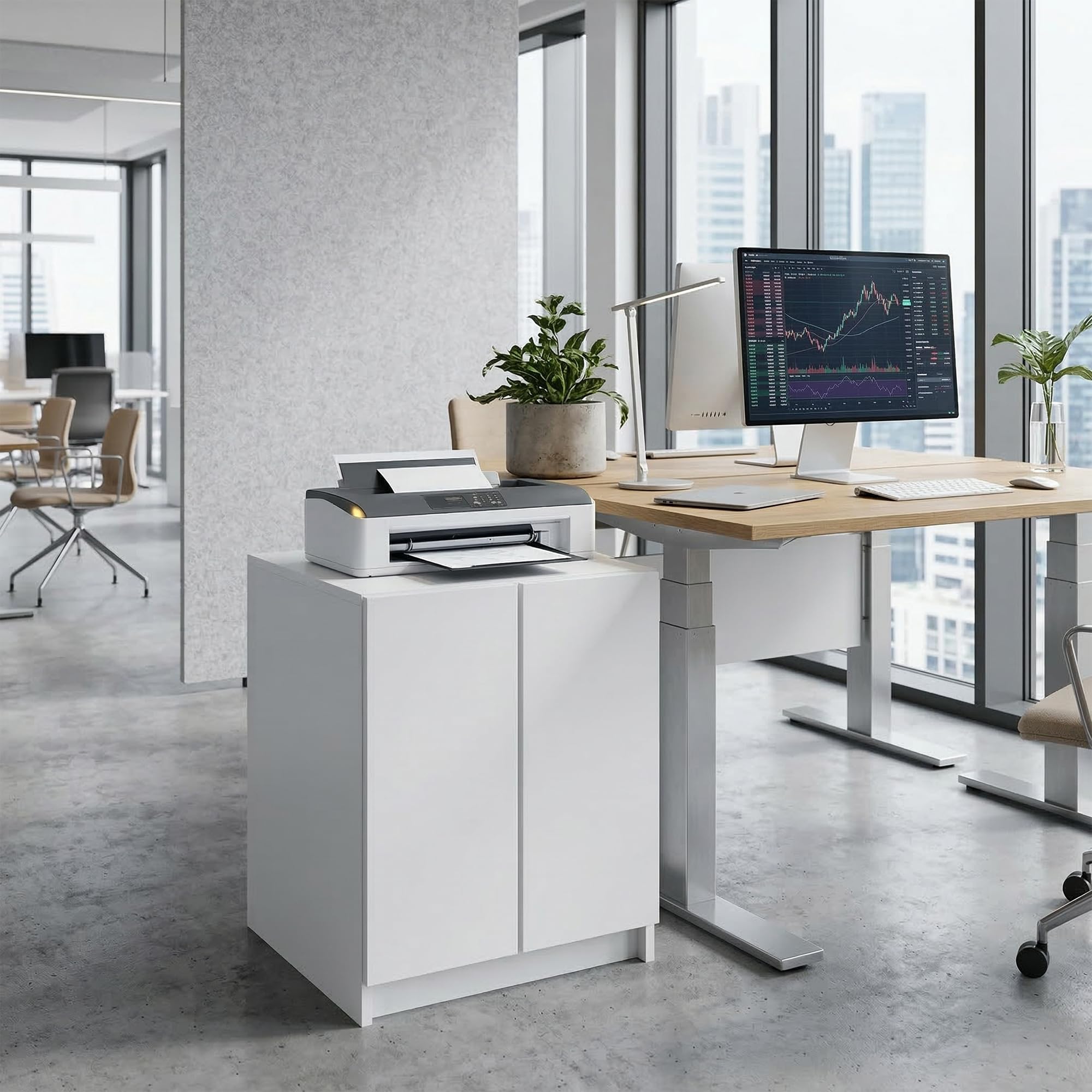 Druckerschrank Elona, Druckerkommode mit Soft-Close & Push-to-Open, Druckertisch, Büromöbel, Home Office & Büro, Weiß matt (51 x 60,5 x 54 cm)