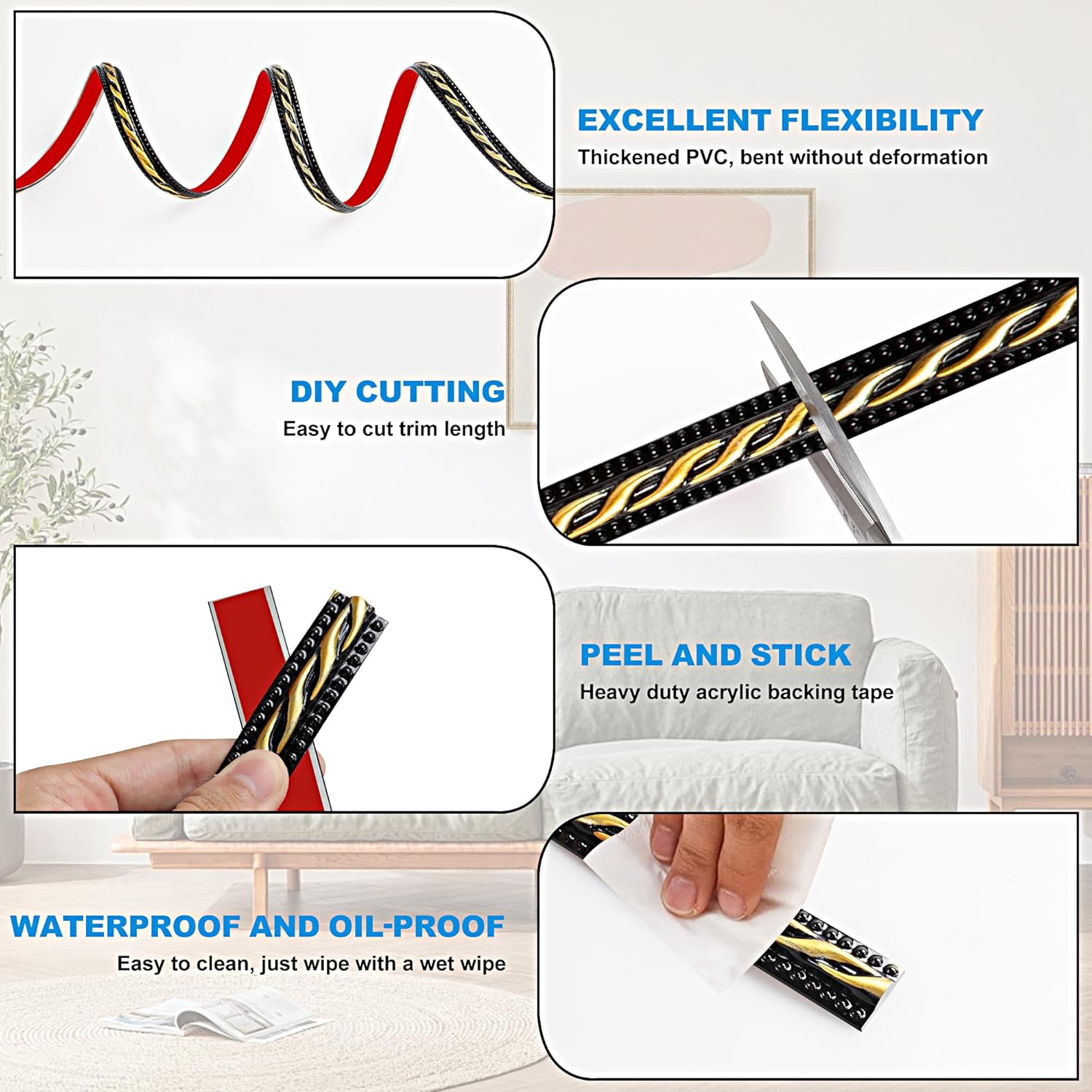 JUNART PVC Moldings Trim, 600cm×2cm, Peel and Stick Self-Adhesive, Coving for Ceilings, Wall Moldings for Wall Edge, Mirror Frames, Ceiling, Skirting Boards, Cabinet(Black)