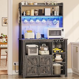 Itaar Coffee Bar Cabinet, Bakers Rack with Power Outlet and Storage, Farmhouse Microwave Stand Kitchen Cabinet with Hutch, LED Lights, Wine Glass Holder and 8 Hooks (Grey)