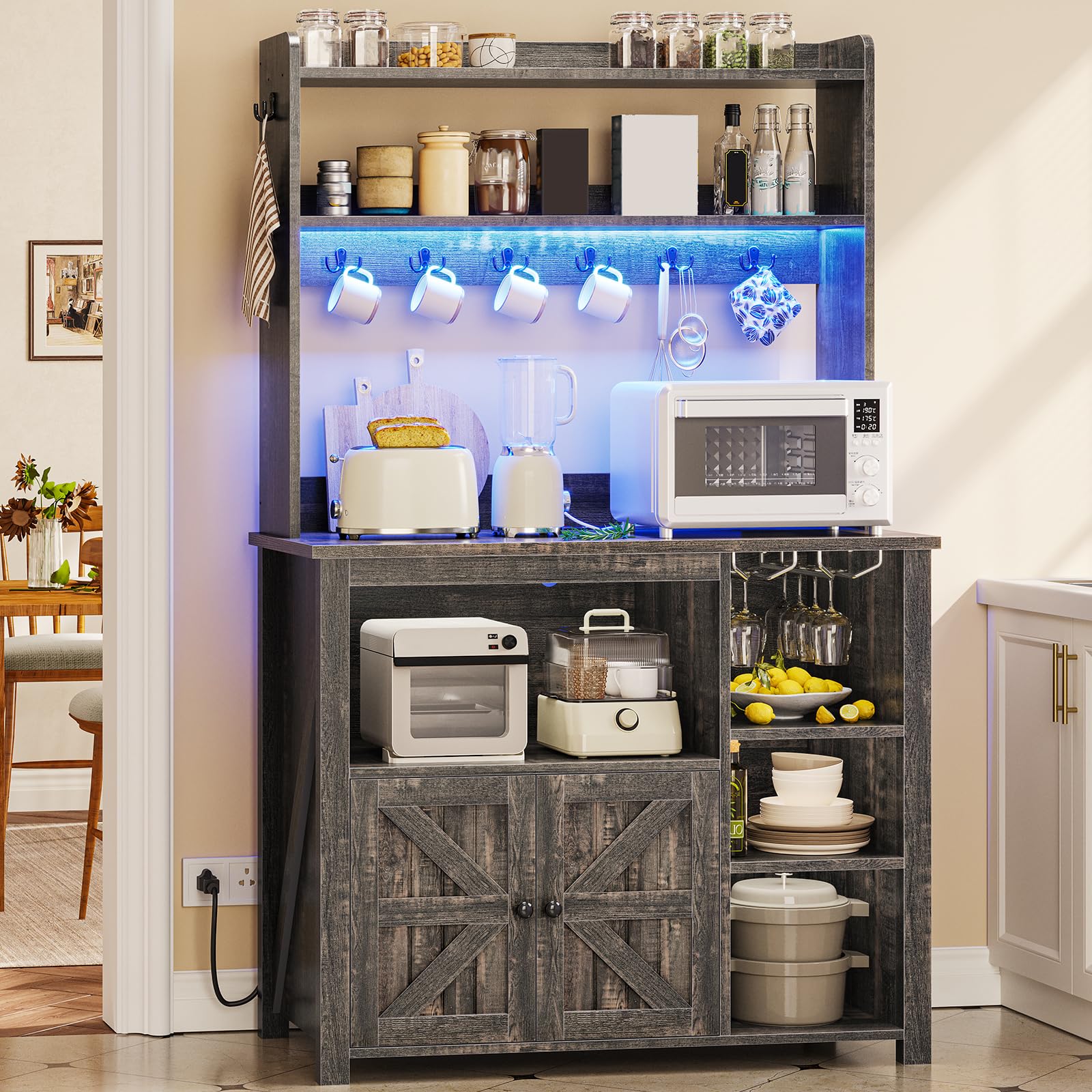 Itaar Coffee Bar Cabinet, Bakers Rack with Power Outlet and Storage, Farmhouse Microwave Stand Kitchen Cabinet with Hutch, LED Lights, Wine Glass Holder and 8 Hooks (Grey)