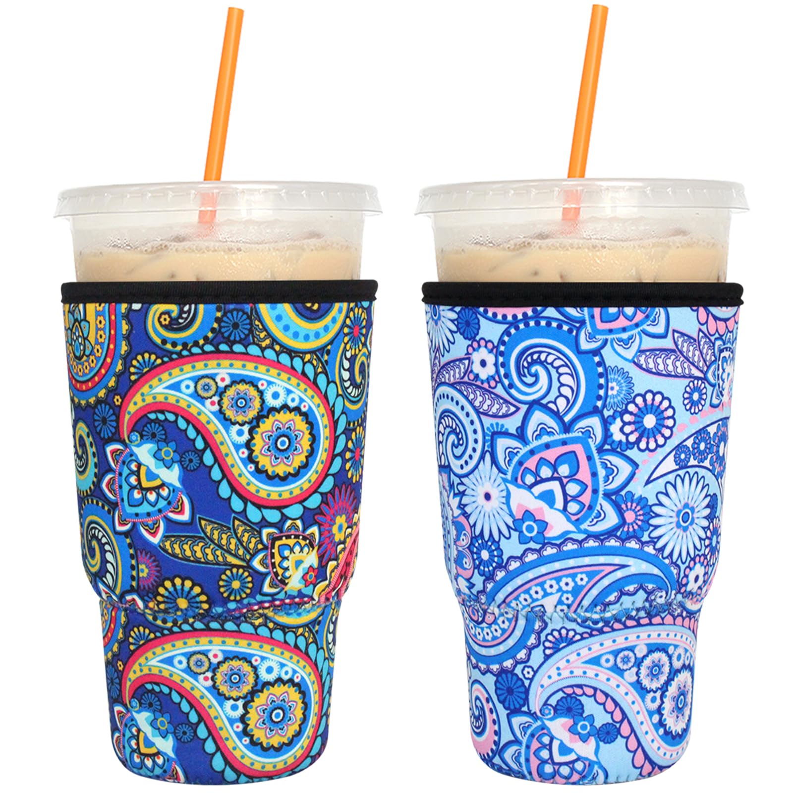 2 Pack Reusable Iced Coffee Sleeves - FRRIOTN Insulator Sleeve for Large Size Cold Beverages, Neoprene Coffee Cup Holder (Retro, Large 32oz)