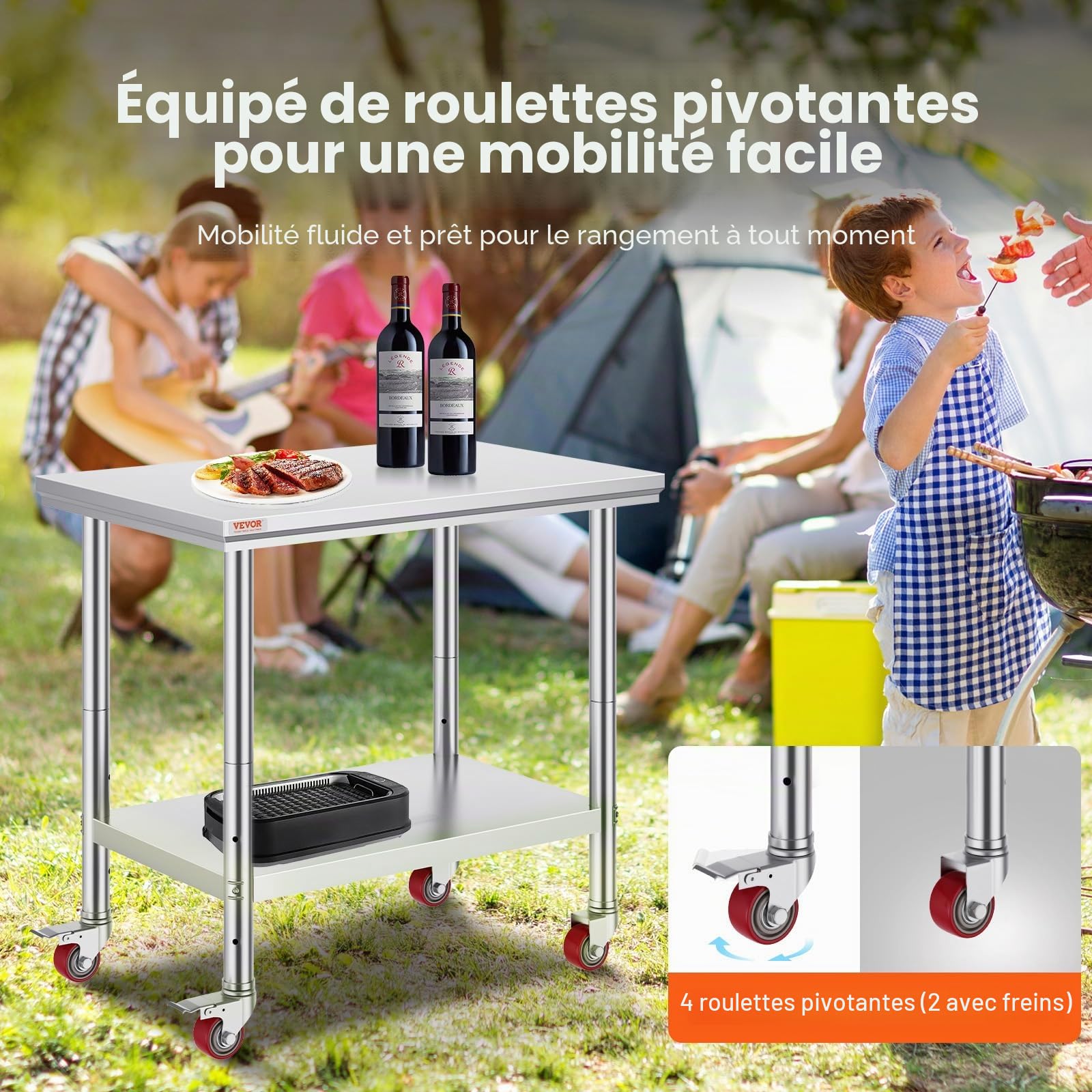 VEVOR Table de Travail Cuisine 90 x 60 x 85 cm, Table de Travail INOX avec roulettes et Freins, Capacité de Charge Totale 204 kg pour Préparation des Aliments aux Restaurant