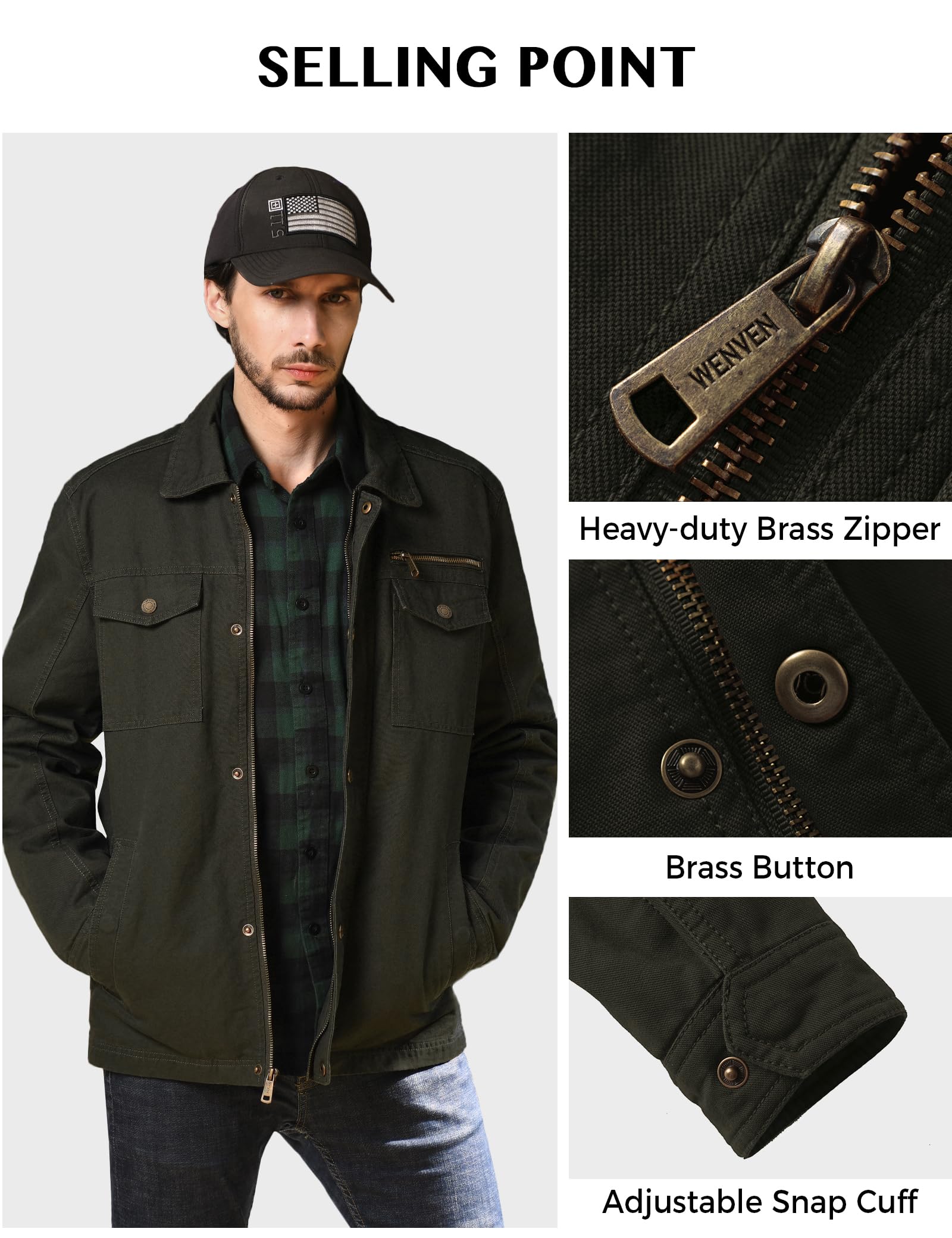 WenVen Mens Casual Canvas Cotton Military Lapel Jacket | Spring-Fall Utility Workwear Coat Regular Big Tall Sizes product thumbnail 6