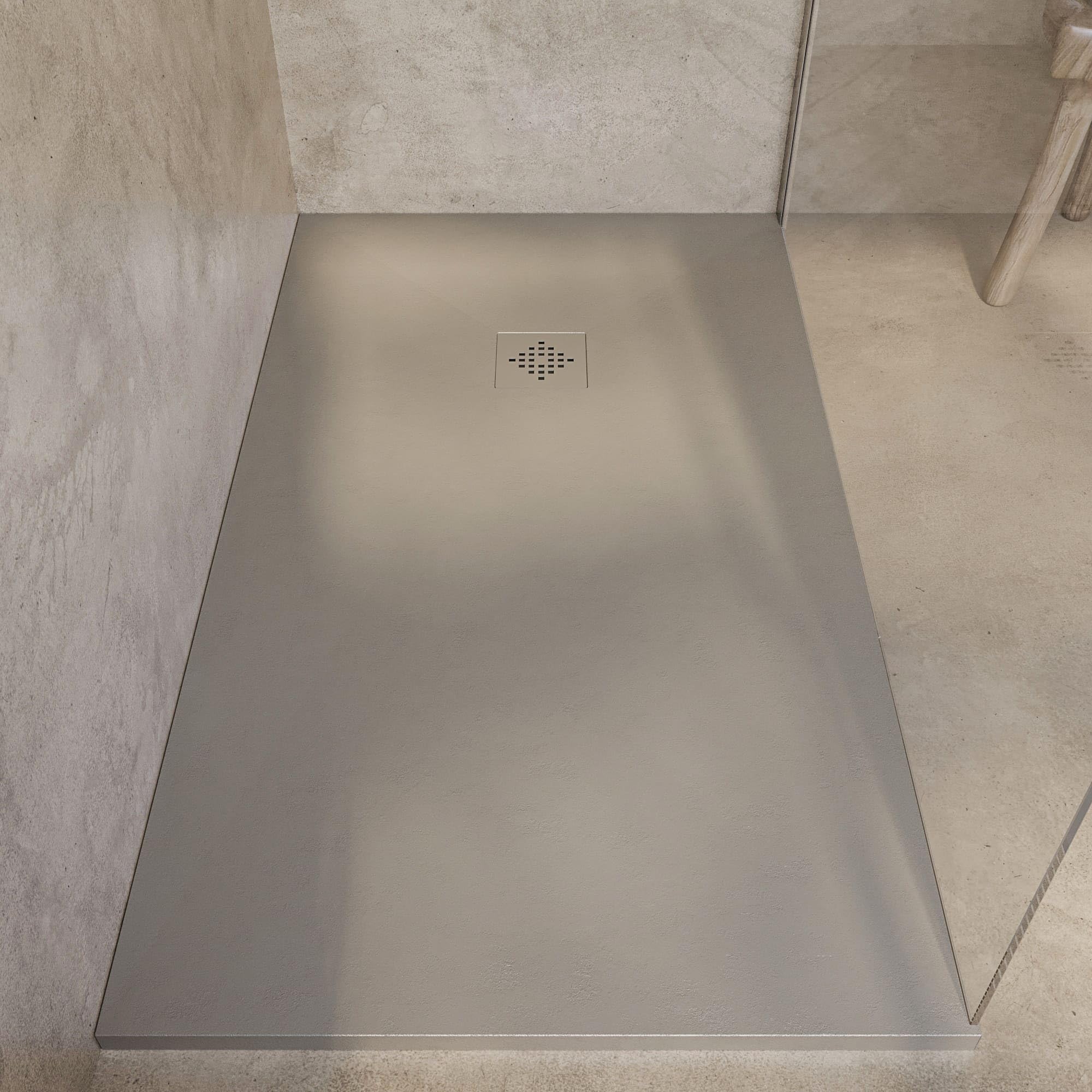 SoulHome Plato de Ducha Resina 60x60 Moka - Rejilla Mismo Color | Antideslizante C3, Extraplano, Resina y carga mineral, Textura Liso Piedra, Antibacteriano, Gel-coat, Incluye válvula desagüe