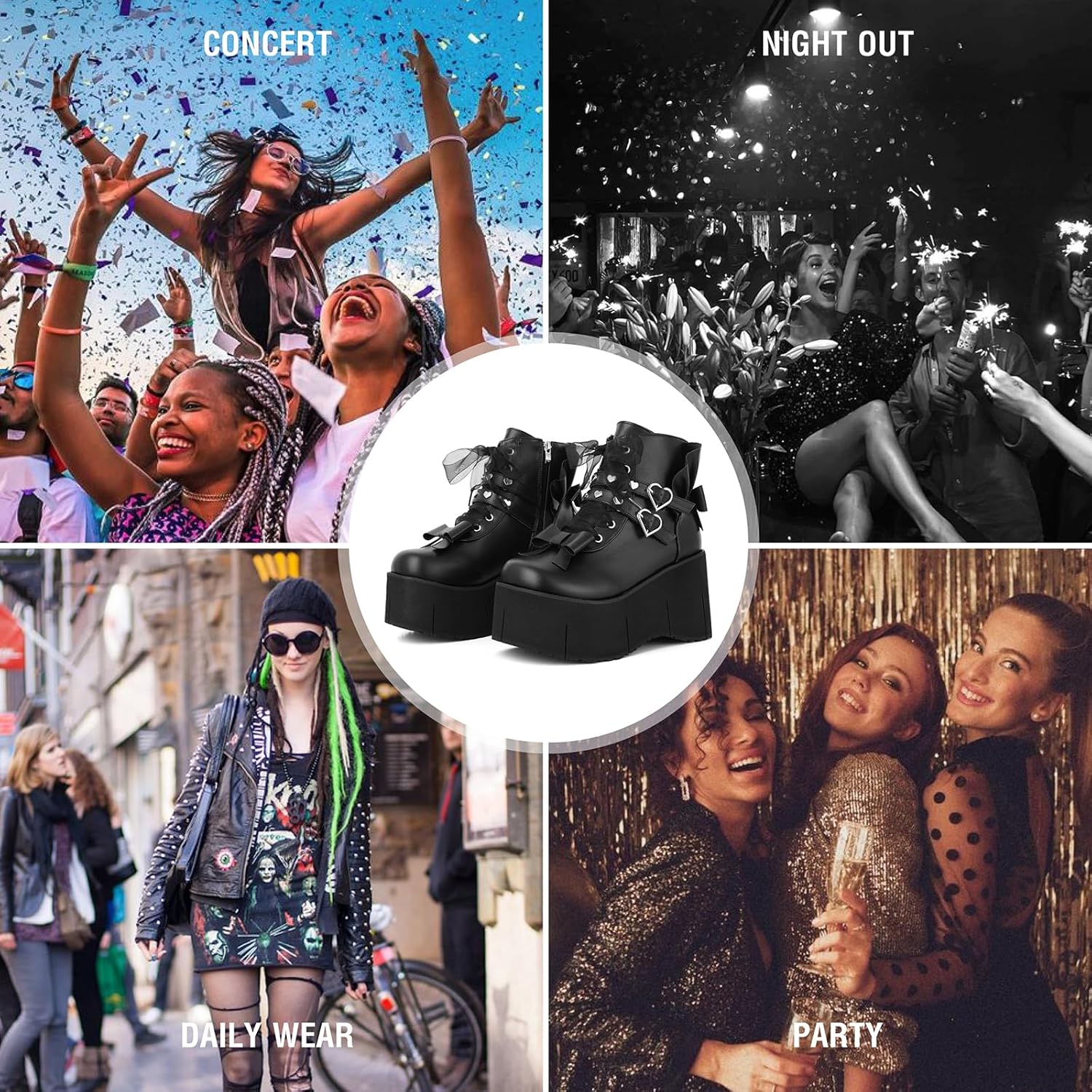 Tscoyuki Platform Ankle Boots for Women Chunky High Heel Booties Goth Round Toe Combat Boots Women Lace Up Motorcycle Wedges