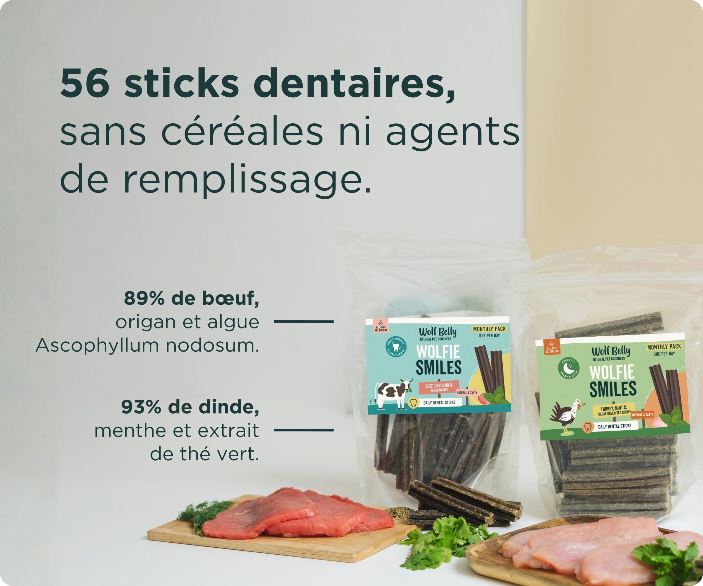 Wolf Belly - Pack de Sticks Dentaires Naturels pour Chiens (56 unités) Dinde 93% + Bœuf 89% | sans Céréales et Riches en Protéines | Hygiène Dentaire Quotidienne - Fabriqué en UE
