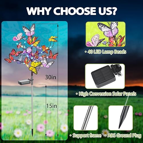Miniatura 4 de Admitrack Paquete de 2 luces solares de jardín para exteriores, luces solares de mariposa solares para exteriores, impermeables, luces solares para