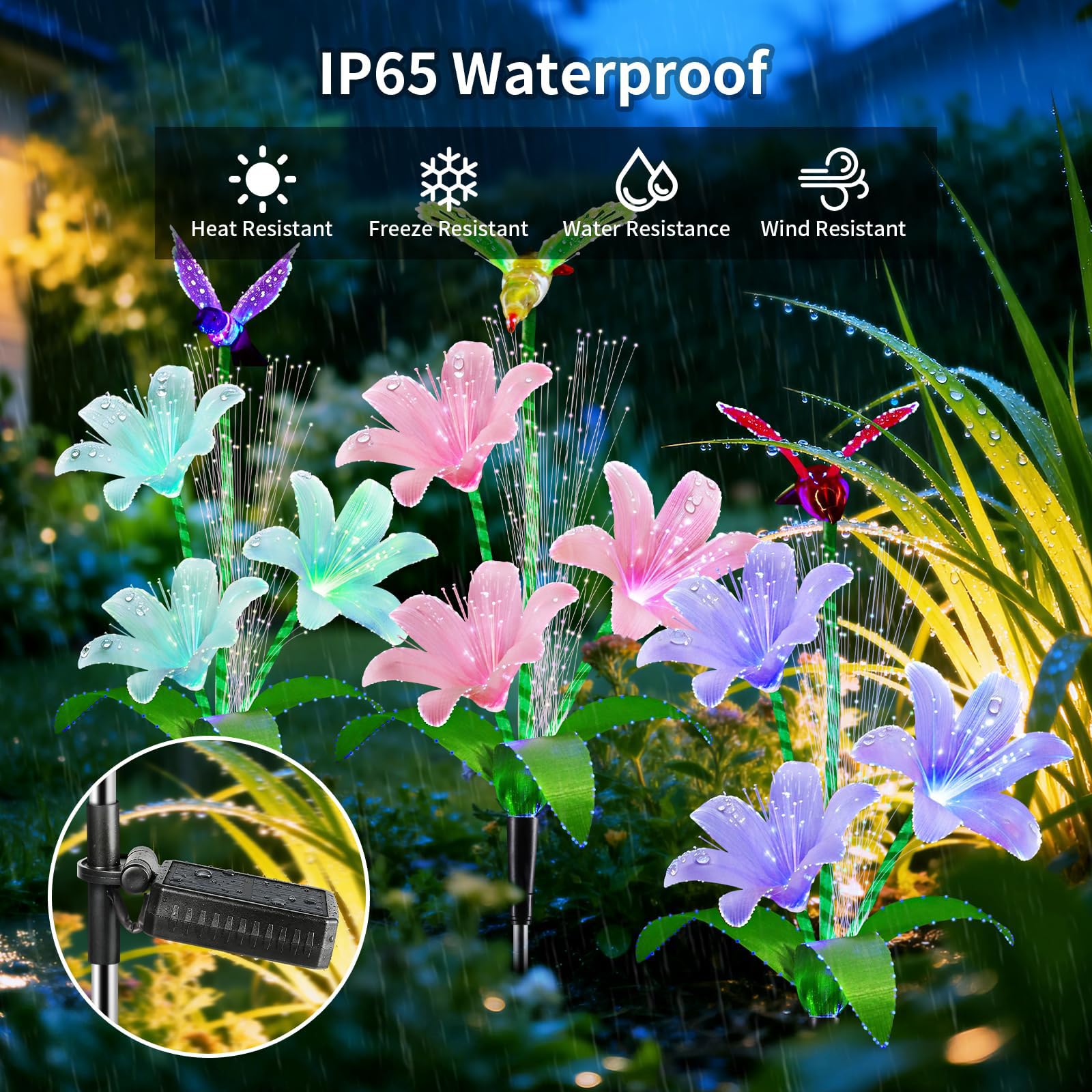 Solarlampen für Außen Garten, 3 Stück Lilien Solarleuchten für Außen, LED Lilie Blumen Solar Gartenleuchten mit 7 Farbwechseln, IP65 Wasserdicht Lilien Solar Gartenstecker für Rasen Hof Weg (B)