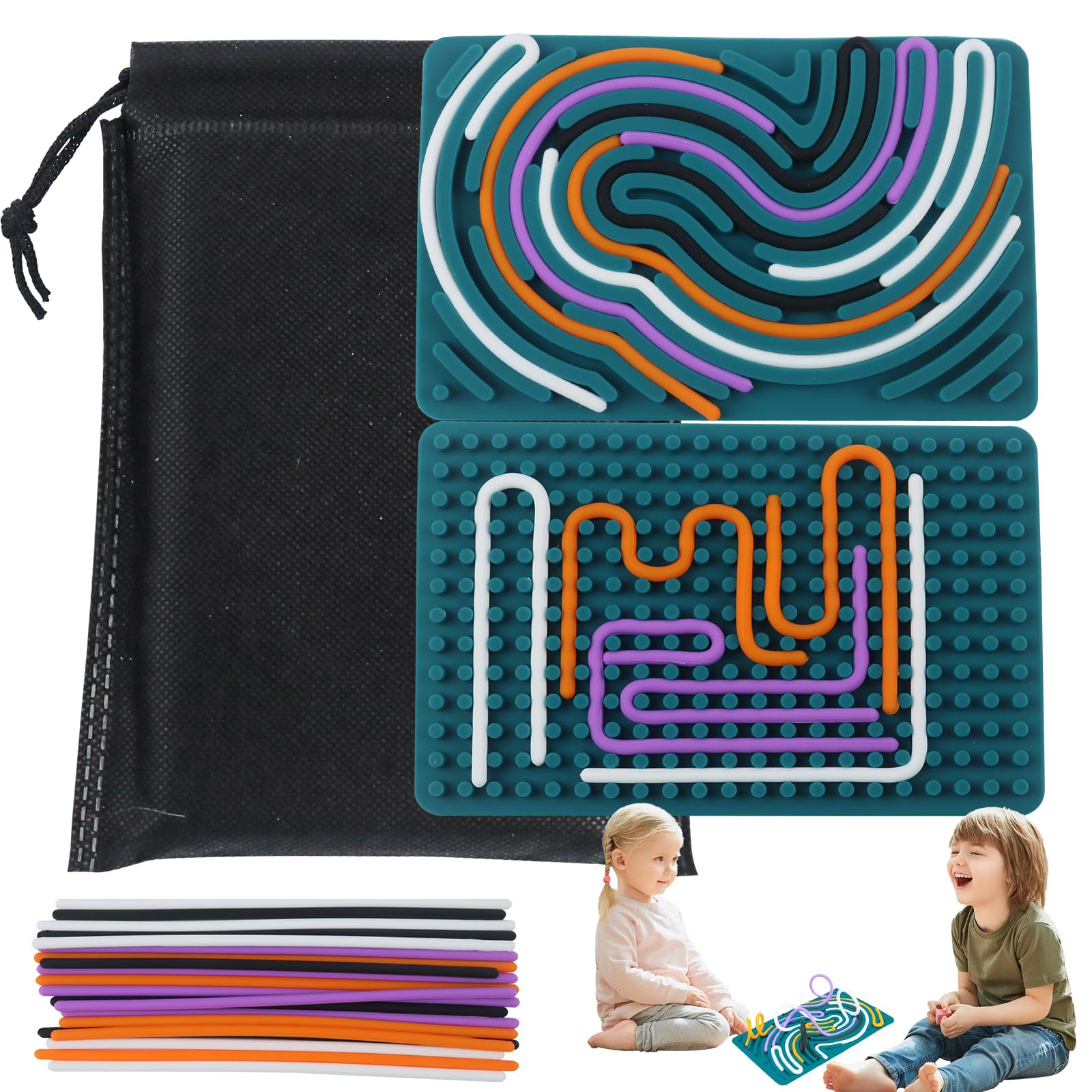Silicone Sensory Board, Double-Sided Activity Board, Sensory Fidget Board Includes Travel Bag and 20 Coloured Silicone Cords, Silent Board Toy for Relieving Stress and Anxiety