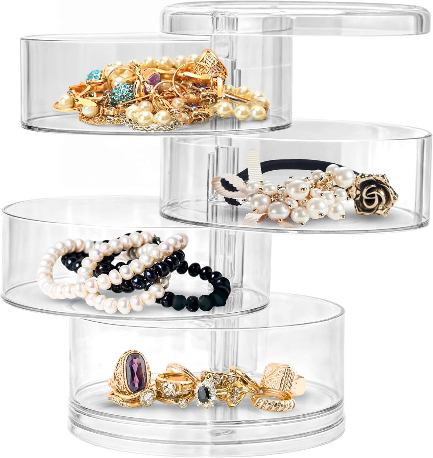Jewelry Organizer Clear Small Stud Earring Holder, 4-Layer 360° Round Display Tray Rotatable Box for Earring, Necklace, Bracelet, Ring, Desk Swivel Storage Case for Hair Accessories, Beauty Supplies