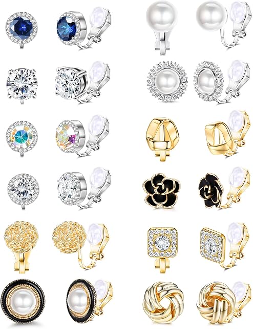 JeweBella 12Pairs Clip on Earrings for Women Girls Hypoallergenic Non Pierced Clip Earrings Zircon Pearl Crystal Clip on Earrings Jewelry Silver Gold