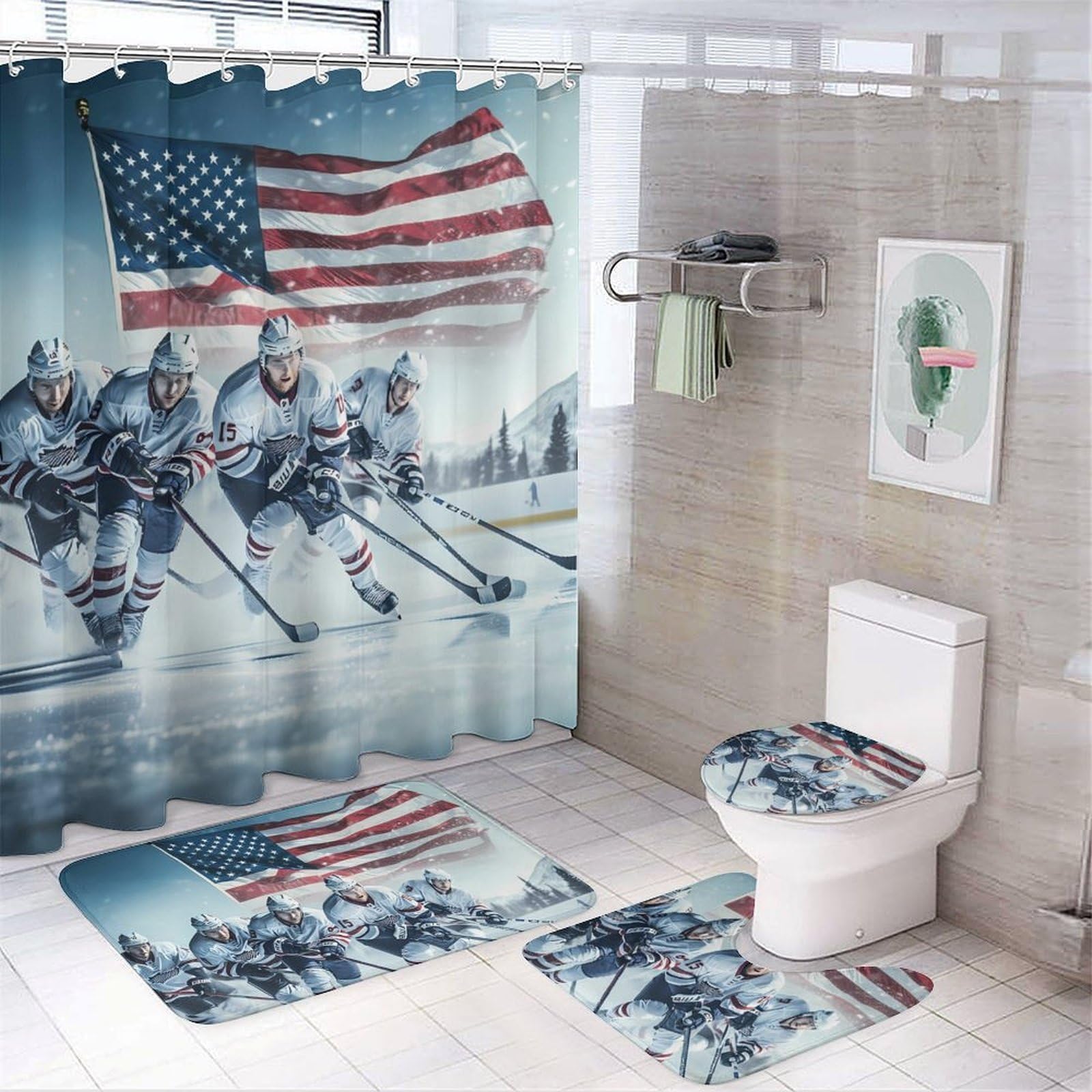 CGSBNGHA Ice Hockey U.S Sports Shower Curtain Set 4 Piece Bathroom Sets with Rugs Toilet Lid Cover And U-Shaped Floor Mat