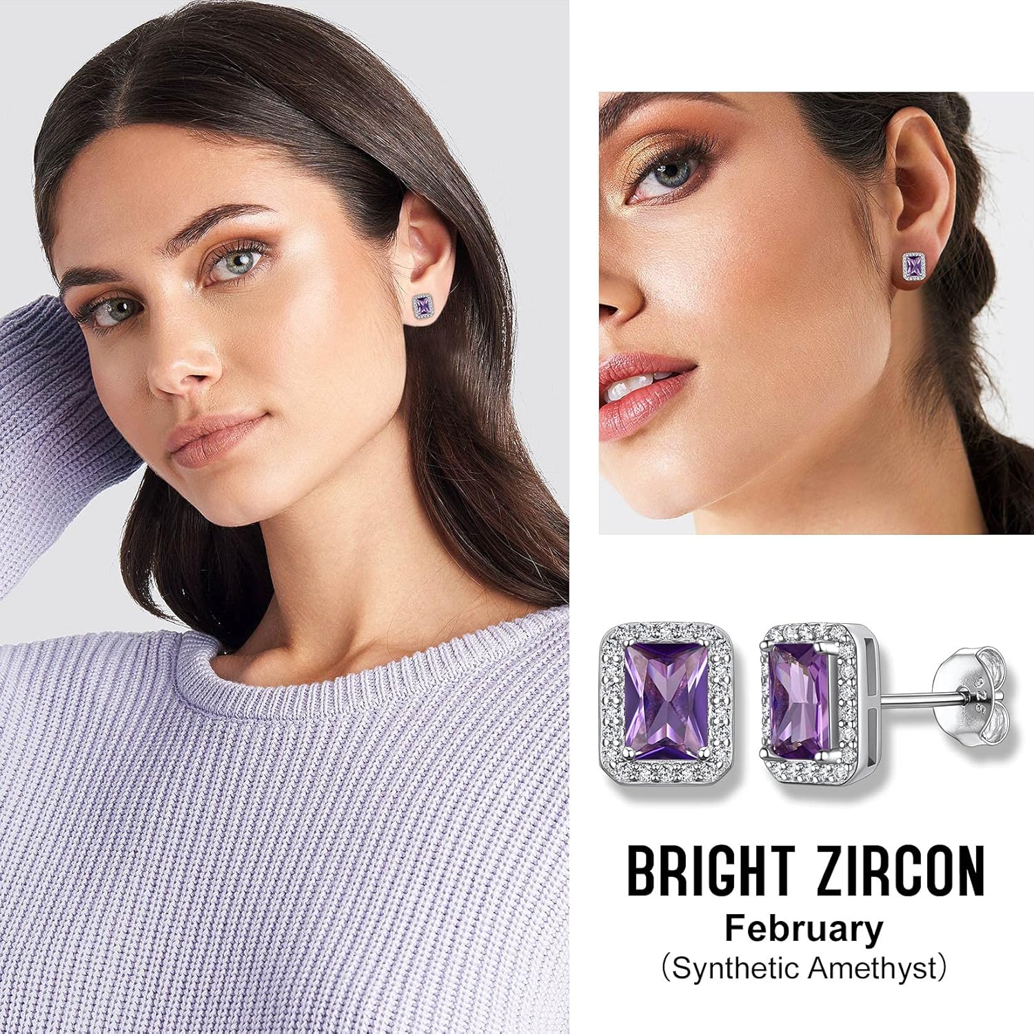 Bestyle Sparkling 925 Sterling Silver Birthstone Stud Earrings for Women, Heart/Round/Teardrop/Square Solitaire Diamond Studs Earrings, Great Birthday/Christmas Gifts - Image 2